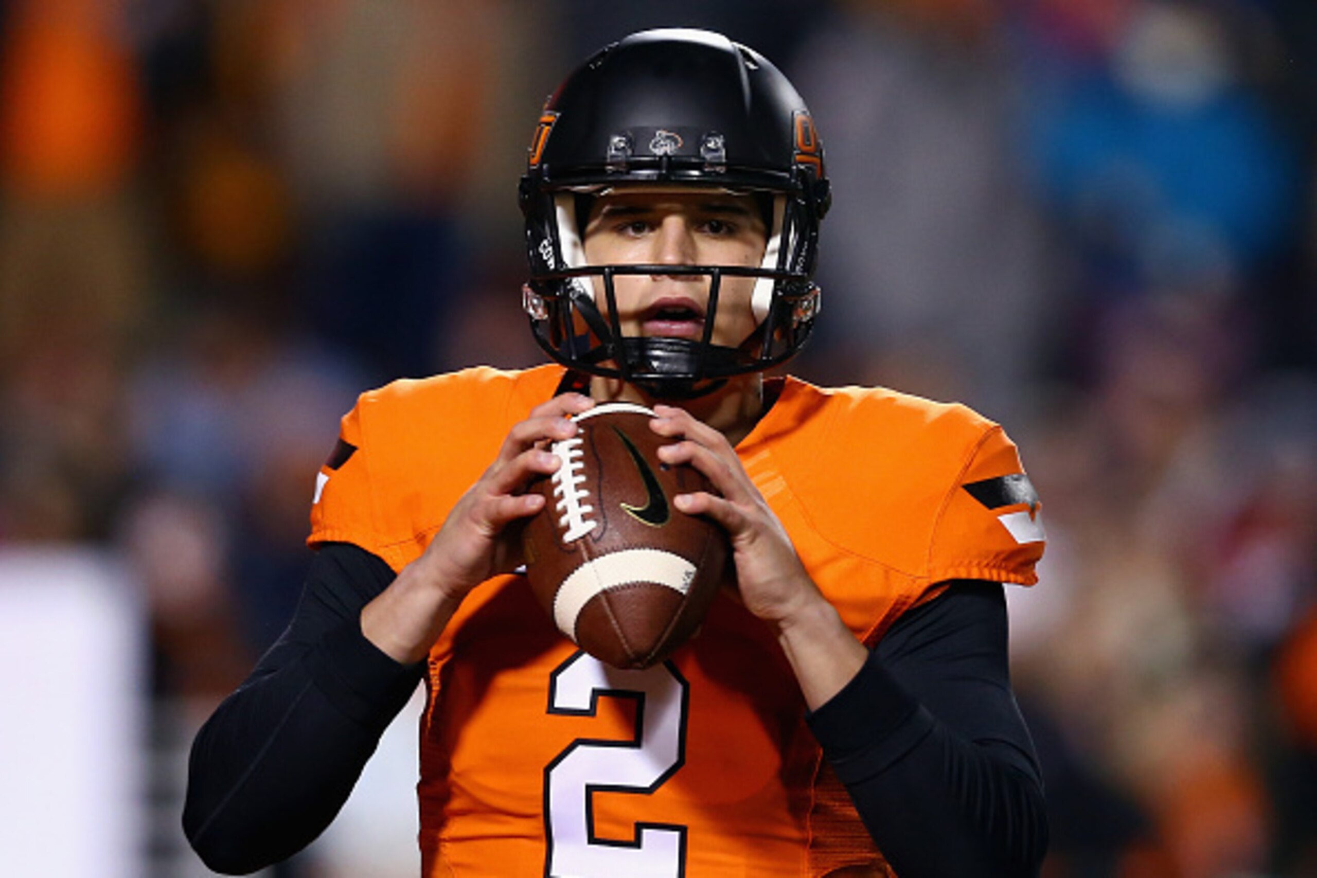 STILLWATER, OK - NOVEMBER 28:  Mason Rudolph #2 of the Oklahoma State Cowboys prepares to take on the Oklahoma Sooners at Boone Pickens Stadium on November 28, 2015 in Stillwater, Oklahoma.  (Photo by Tom Pennington/Getty Images)