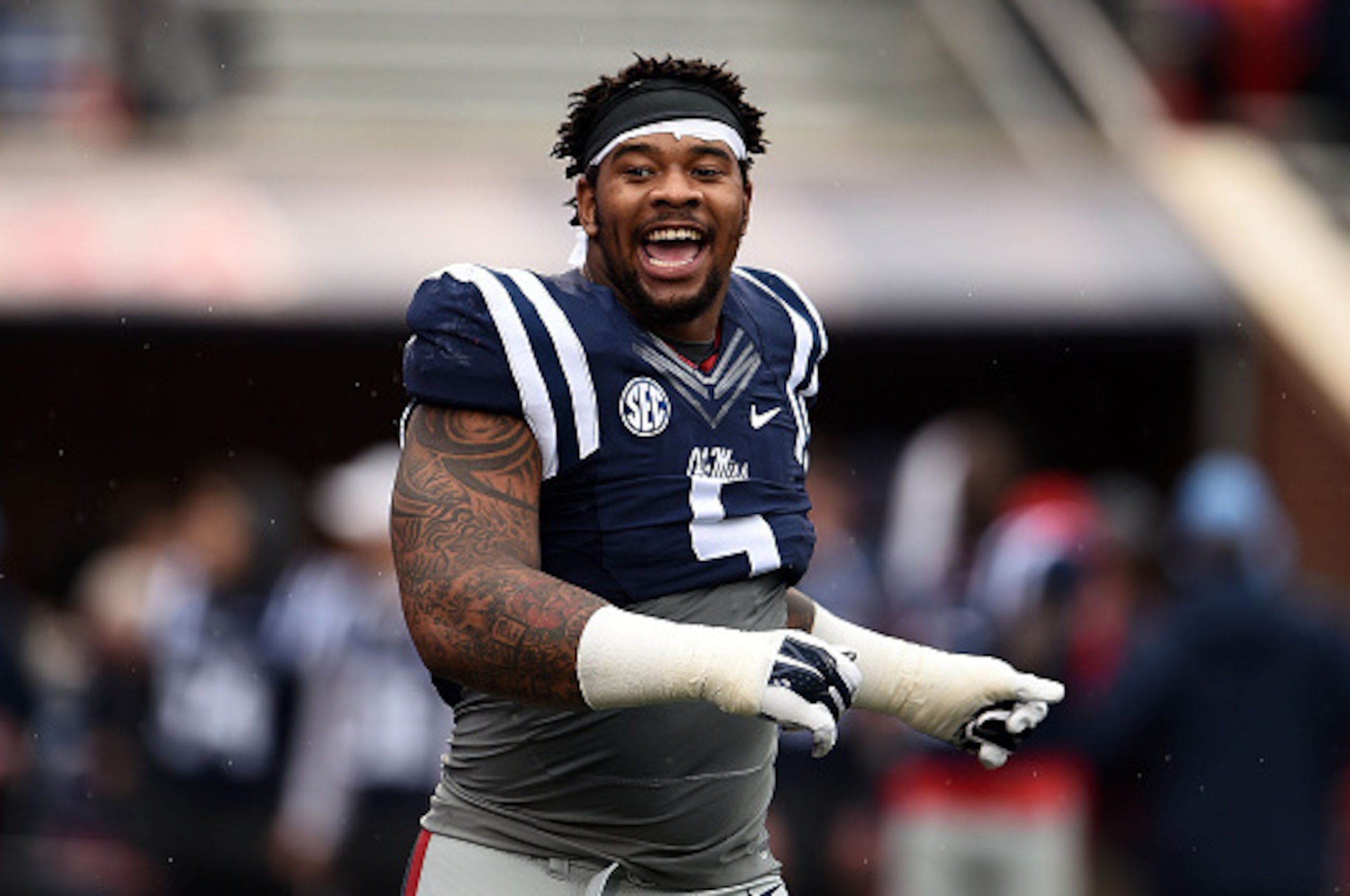 OXFORD, MS - NOVEMBER 07:  Robert Nkemdiche #5 of the Mississippi Rebels participates in warmups prior to a game against the Arkansas Razorbacks at Vaught-Hemingway Stadium on November 7, 2015 in Oxford, Mississippi.  (Photo by Stacy Revere/Getty Images)
