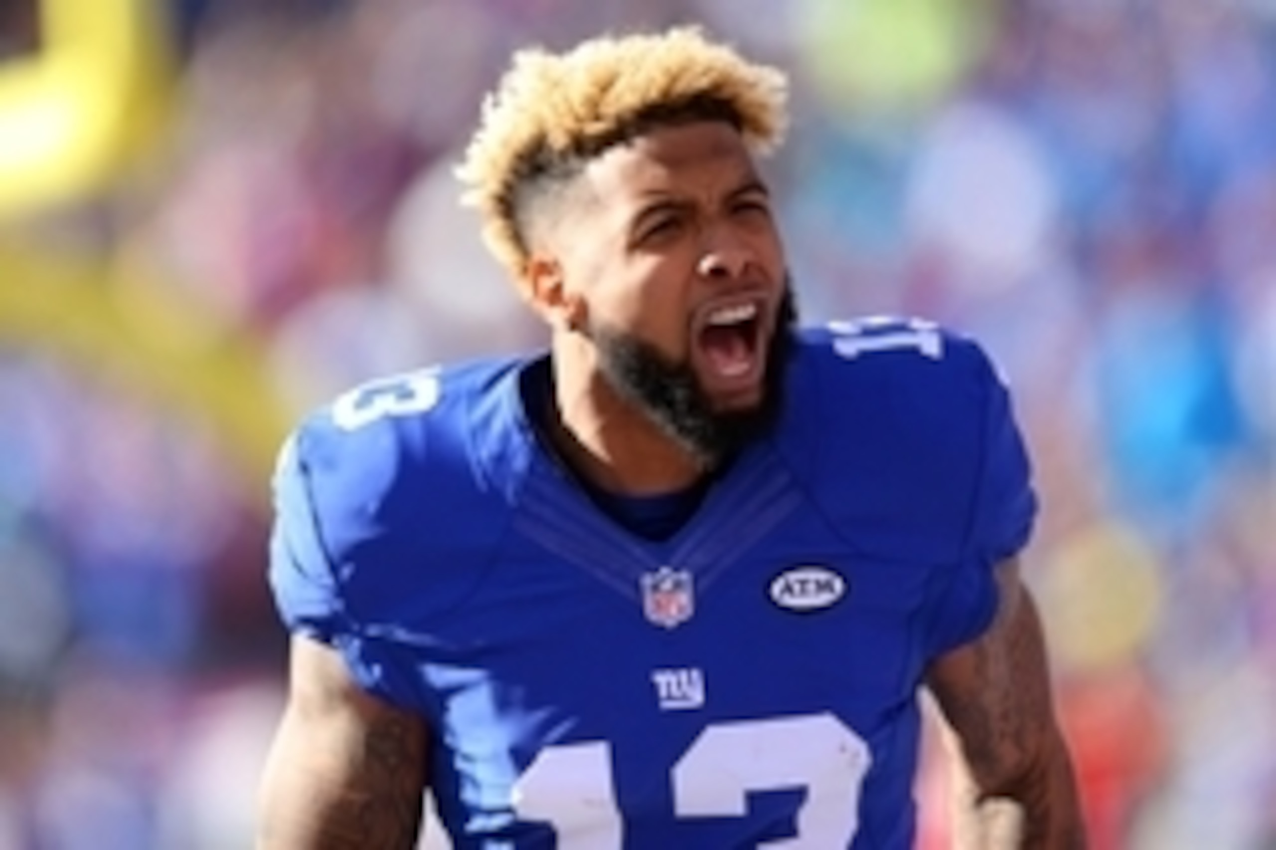 Dec 20, 2015; East Rutherford, NJ, USA; New York Giants wide receiver Odell Beckham Jr. (13) yells to the fans before a game against the Carolina Panthers at MetLife Stadium. Mandatory Credit: Brad Penner-USA TODAY Sports