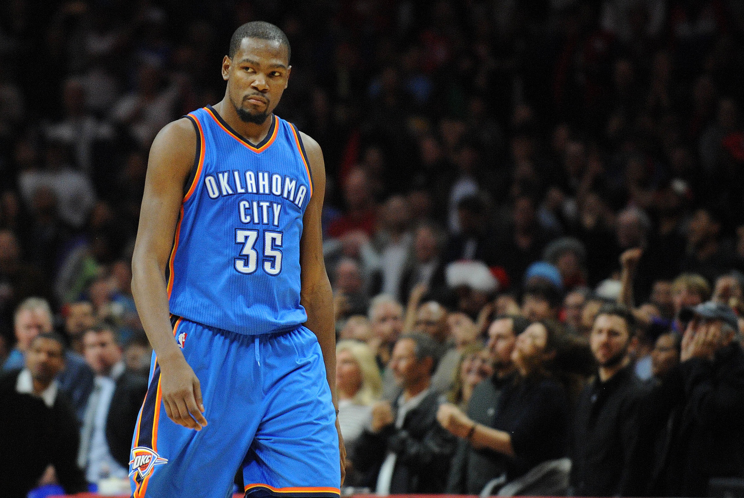 December 21, 2015; Los Angeles, CA, USA; Oklahoma City Thunder forward Kevin Durant (35) reacts after scoring a basket against Los Angeles Clippers during the second half  at Staples Center. Mandatory Credit: Gary A. Vasquez-USA TODAY Sports
