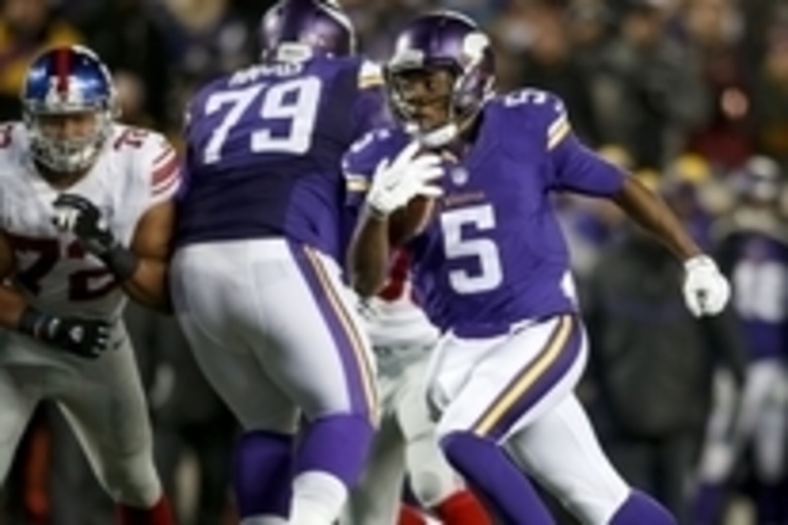 Dec 27, 2015; Minneapolis, MN, USA; Minnesota Vikings quarterback Teddy Bridgewater (5) rushes against the New York Giants in the third quarter at TCF Bank Stadium. The Vikings win 49-17. Mandatory Credit: Bruce Kluckhohn-USA TODAY Sports