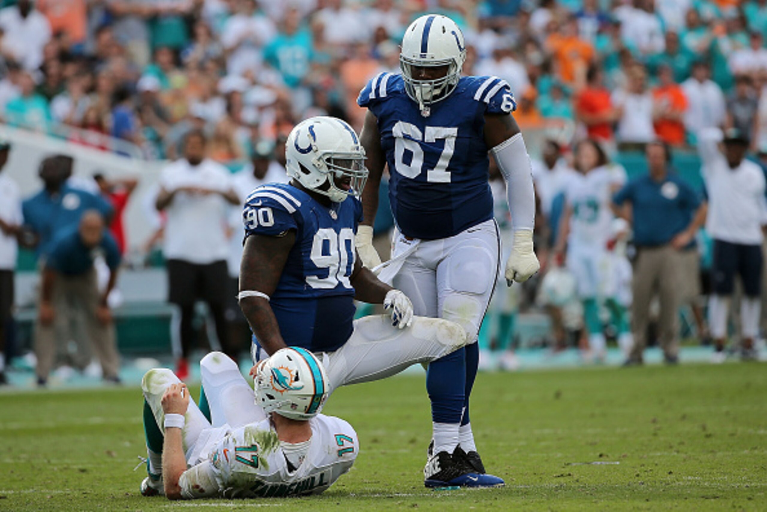 MIAMI GARDENS, FL - DECEMBER 27: Ryan Tannehill #17 of the Miami Dolphins is sacked by Kendall Langford #90 of the Indianapolis Colts during a game at Sun Life Stadium on December 27, 2015 in Miami Gardens, Florida. (Photo by Mike Ehrmann/Getty Images) MIAMI GARDENS, FL - DECEMBER 27: Ryan Tannehill #17 of the Miami Dolphins is sacked by Kendall Langford #90 of the Indianapolis Colts during a game at Sun Life Stadium on December 27, 2015 in Miami Gardens, Florida. (Photo by Mike Ehrmann/Getty Images)
