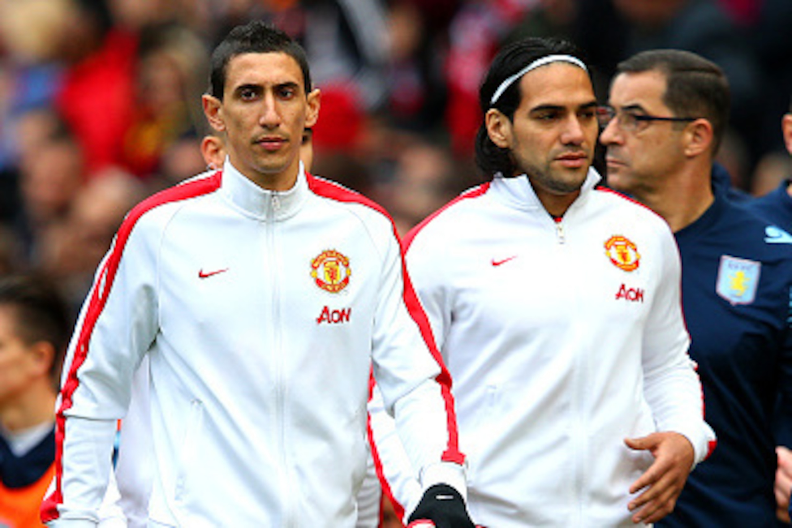 MANCHESTER, ENGLAND - APRIL 04:  Substitutes Angel di Maria of Manchester United and Radamel Falcao of Manchester United walk off the pitch at half-time in the Barclays Premier League match between Manchester United and Aston Villa at Old Trafford on Apri