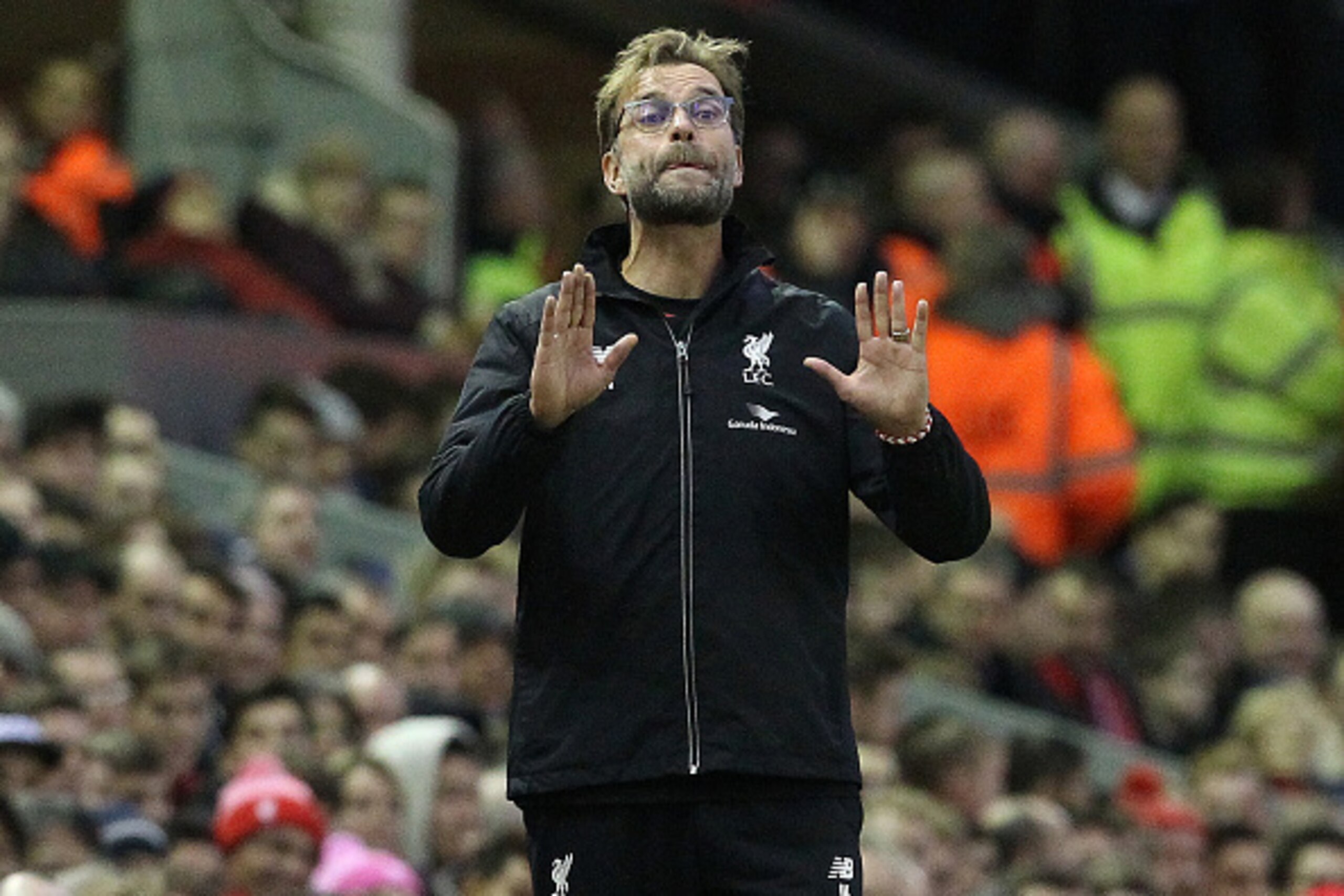 Liverpool's German manager Jurgen Klopp gestures during the English Premier League football match between Liverpool and Leicester City at the Anfield stadium in Liverpool, north-west England on December 26, 2015. Liverpool won 1-0. AFP PHOTO / LINDSEY PAR