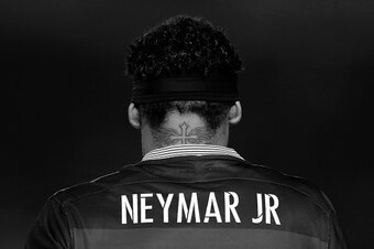 YOKOHAMA, JAPAN - DECEMBER 20: (Editor's Note - This image has been converted to black and white) Neymar of Barcelona looks on during the FIFA Club World Cup Final match between River Plate and Barcelona at the International Stadium Yokohama on December 2