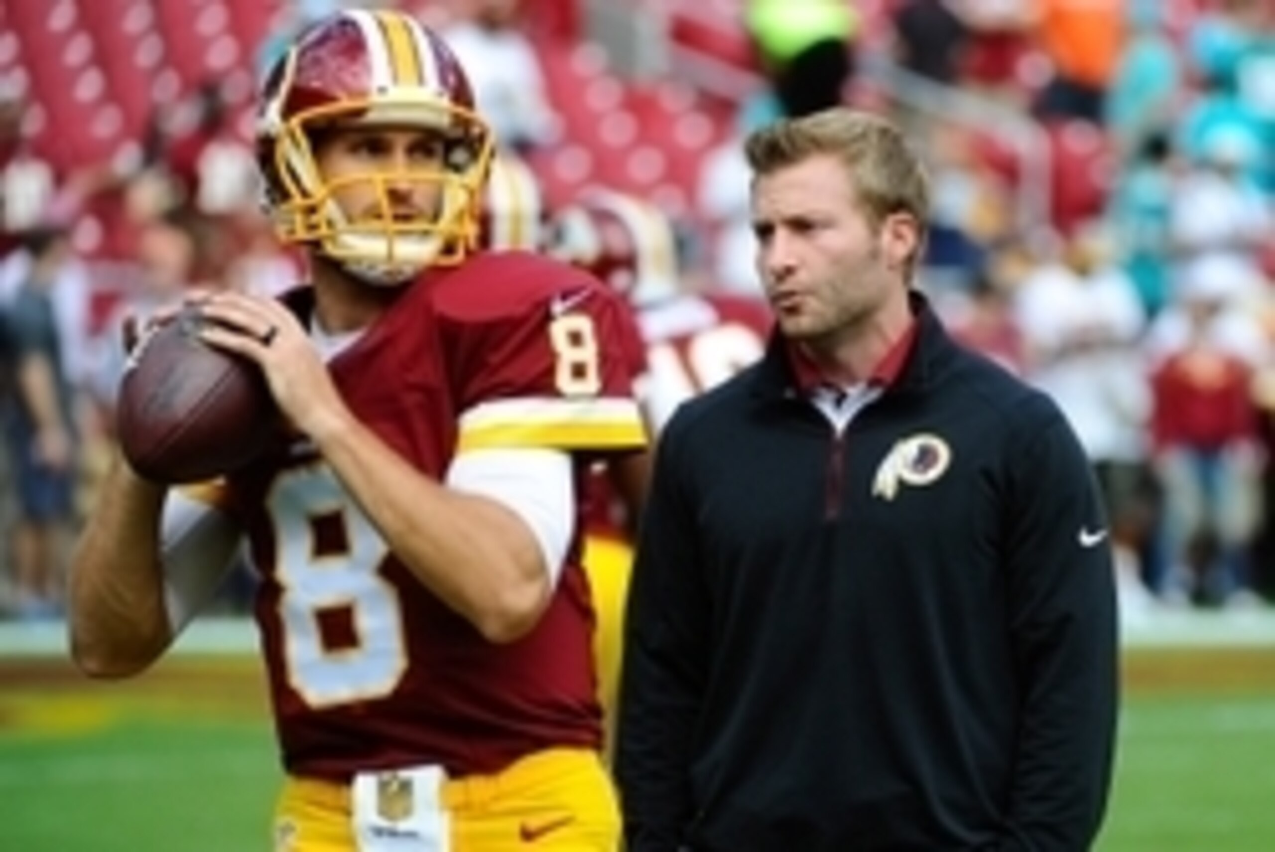 Sep 13, 2015; Landover, MD, USA; Washington Redskins quarterback Kirk Cousins (8) talks with Washington Redskins offensive coordinator Sean McVay before the game between the Washington Redskins and the Miami Dolphins at FedEx Field. Mandatory Credit: Brad Sep 13, 2015; Landover, MD, USA; Washington Redskins quarterback Kirk Cousins (8) talks with Washington Redskins offensive coordinator Sean McVay before the game between the Washington Redskins and the Miami Dolphins at FedEx Field. Mandatory Credit: Brad