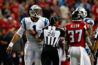 ATLANTA, GA - DECEMBER 27: Cam Newton #1 of the Carolina Panthers reacts to a play during the first half against the Carolina Panthers at the Georgia Dome on December 27, 2015 in Atlanta, Georgia.  (Photo by Kevin C. Cox/Getty Images)