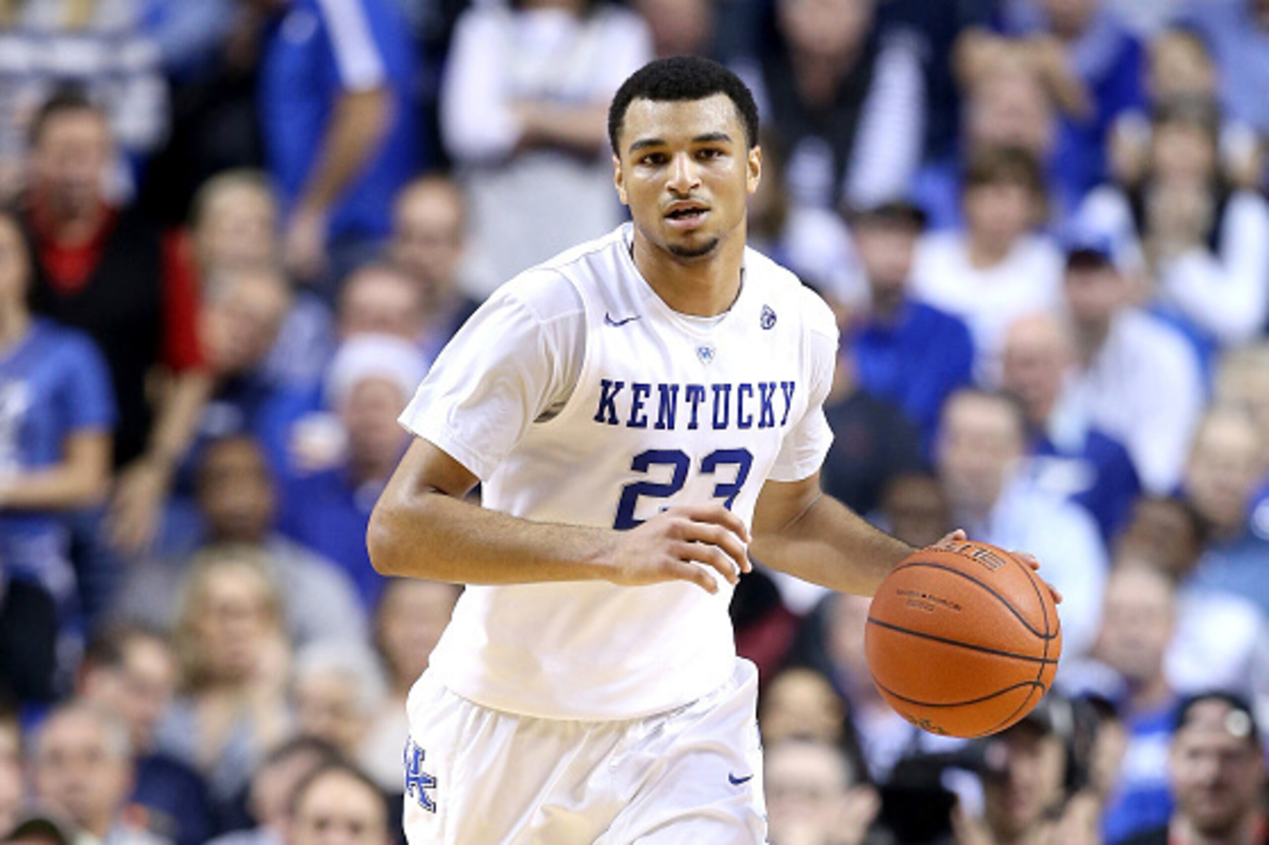LEXINGTON, KY - DECEMBER 26:  Jamal Murray #23 of the Kentucky Wildcats dribbles the ball in the 75-73 win over the Louisville Cardinals at Rupp Arena on December 26, 2015 in Lexington, Kentucky.  (Photo by Andy Lyons/Getty Images)