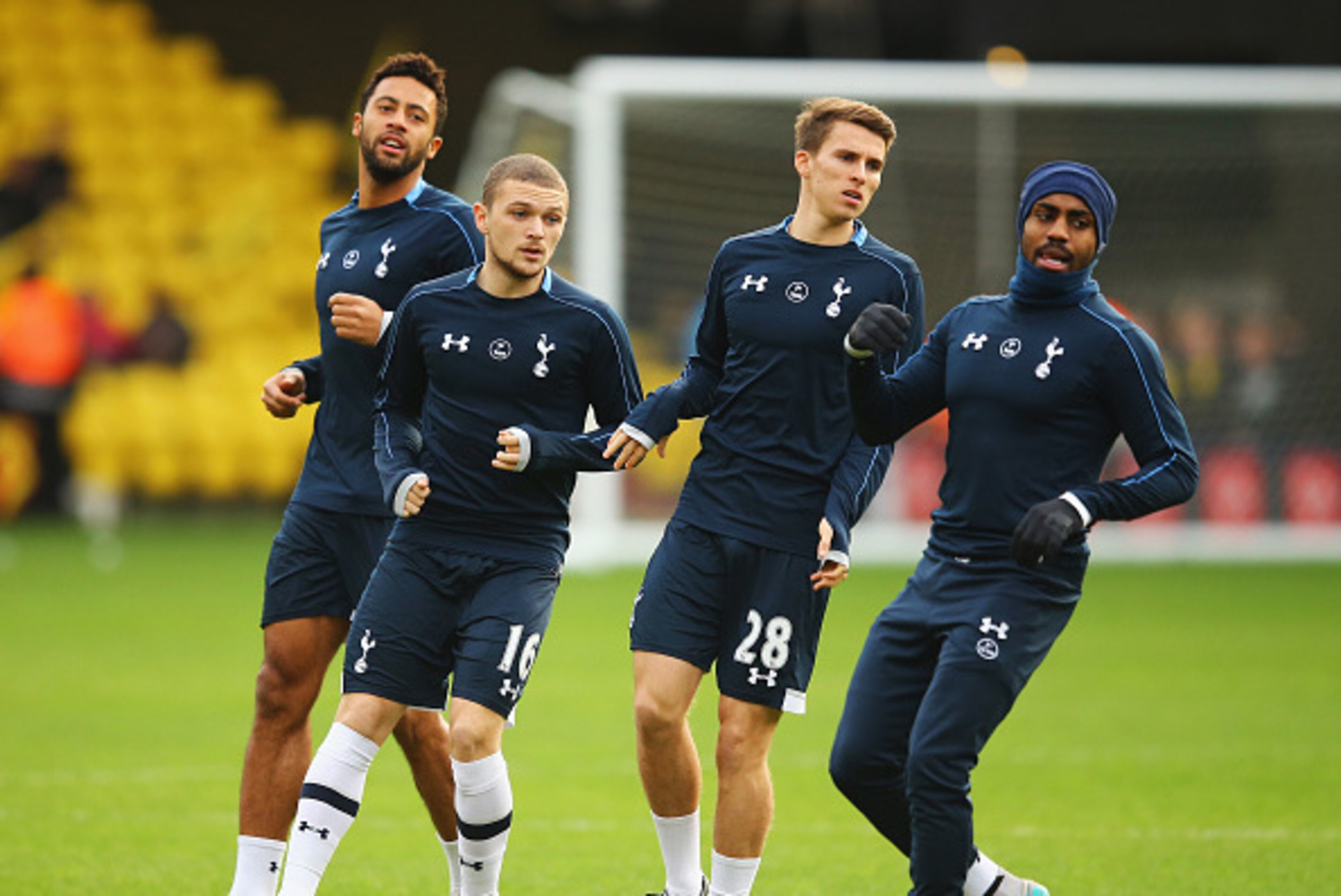 WATFORD, ENGLAND - DECEMBER 28: (L to R) Mousa Dembele, Kieran Trippier, Tom Carroll and Danny Rose of Tottenham Hotspur warm up prior to the Barclays Premier League match between Watford and Tottenham Hotspur at Vicarage Road on December 28, 2015 in Watf