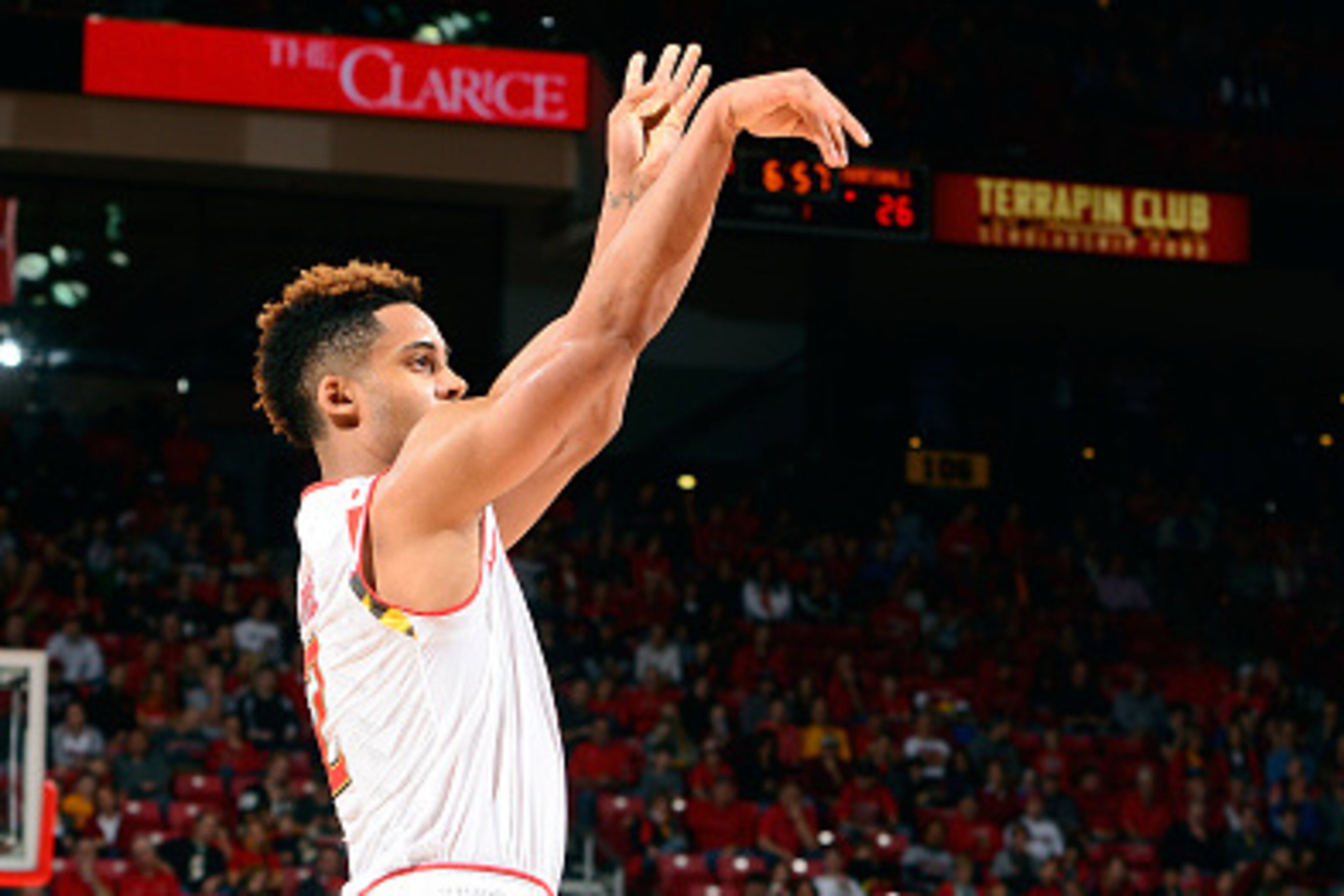 COLLEGE PARK, MD - DECEMBER 27:  Melo Trimble #2 of the Maryland Terrapins shoots the ball against the Marshall Thundering Herd at the Xfinity Center on December 27, 2015 in College Park, Maryland.  (Photo by G Fiume/Maryland Terrapins/Getty Images)