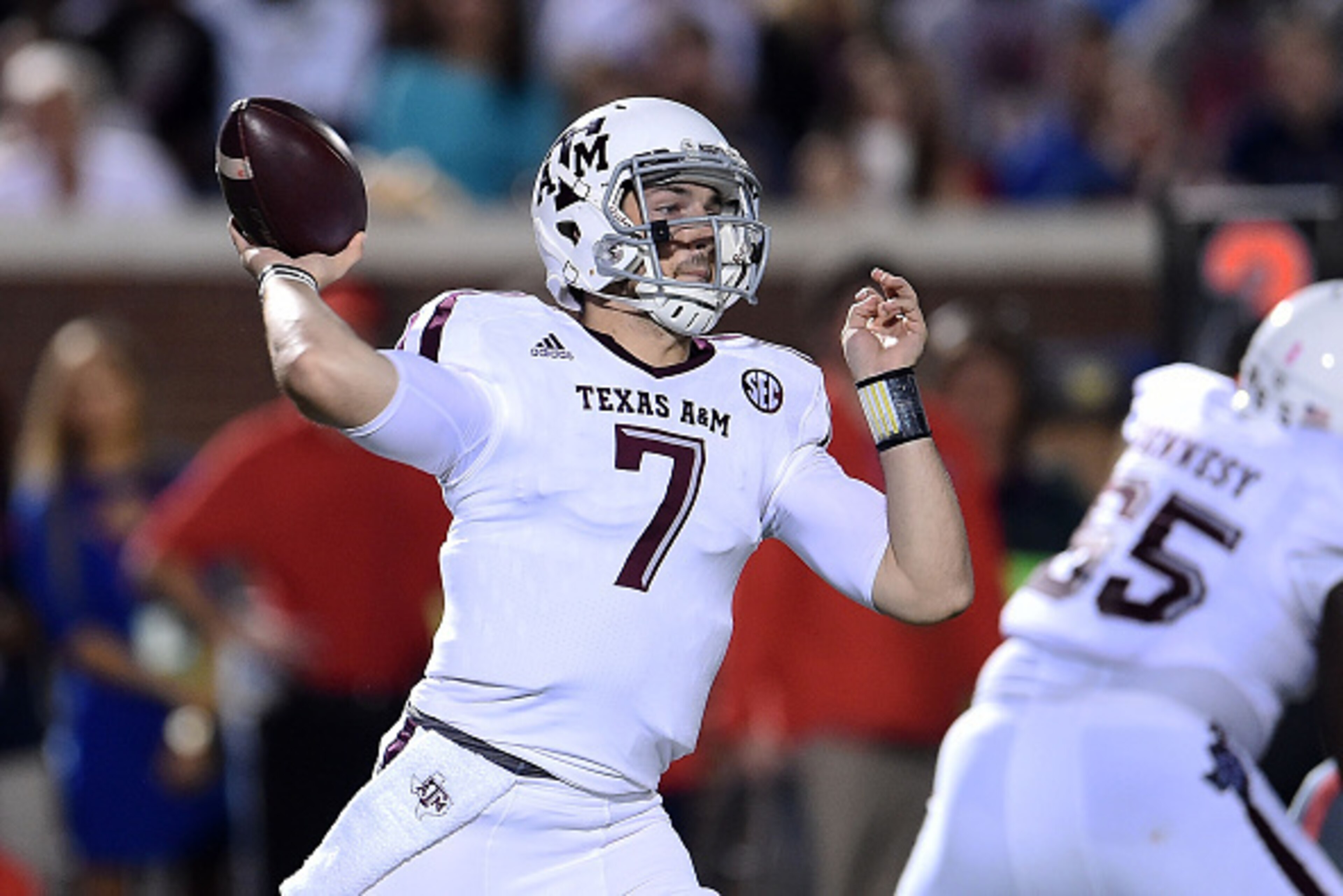 OXFORD, MS - OCTOBER 24:  Jake Hubenak #7 of the Texas A&M Aggies drops back to pass during a game against the Mississippi Rebels at Vaught-Hemingway Stadium on October 24, 2015 in Oxford, Mississippi. Mississippi defeated Texas A&M 23-3.  (Photo by Stacy
