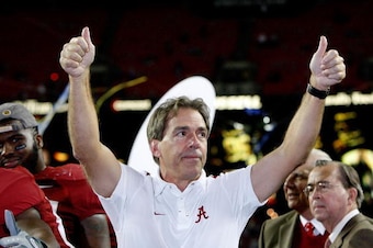 ATLANTA - DECEMBER 05:  Head coach Nick Saban of the Alabama Crimson Tide celebrates after their 32-13 win over the Florida Gators in the SEC Championship at Georgia Dome on December 5, 2009 in Atlanta, Georgia.  (Photo by Kevin C. Cox/Getty Images)