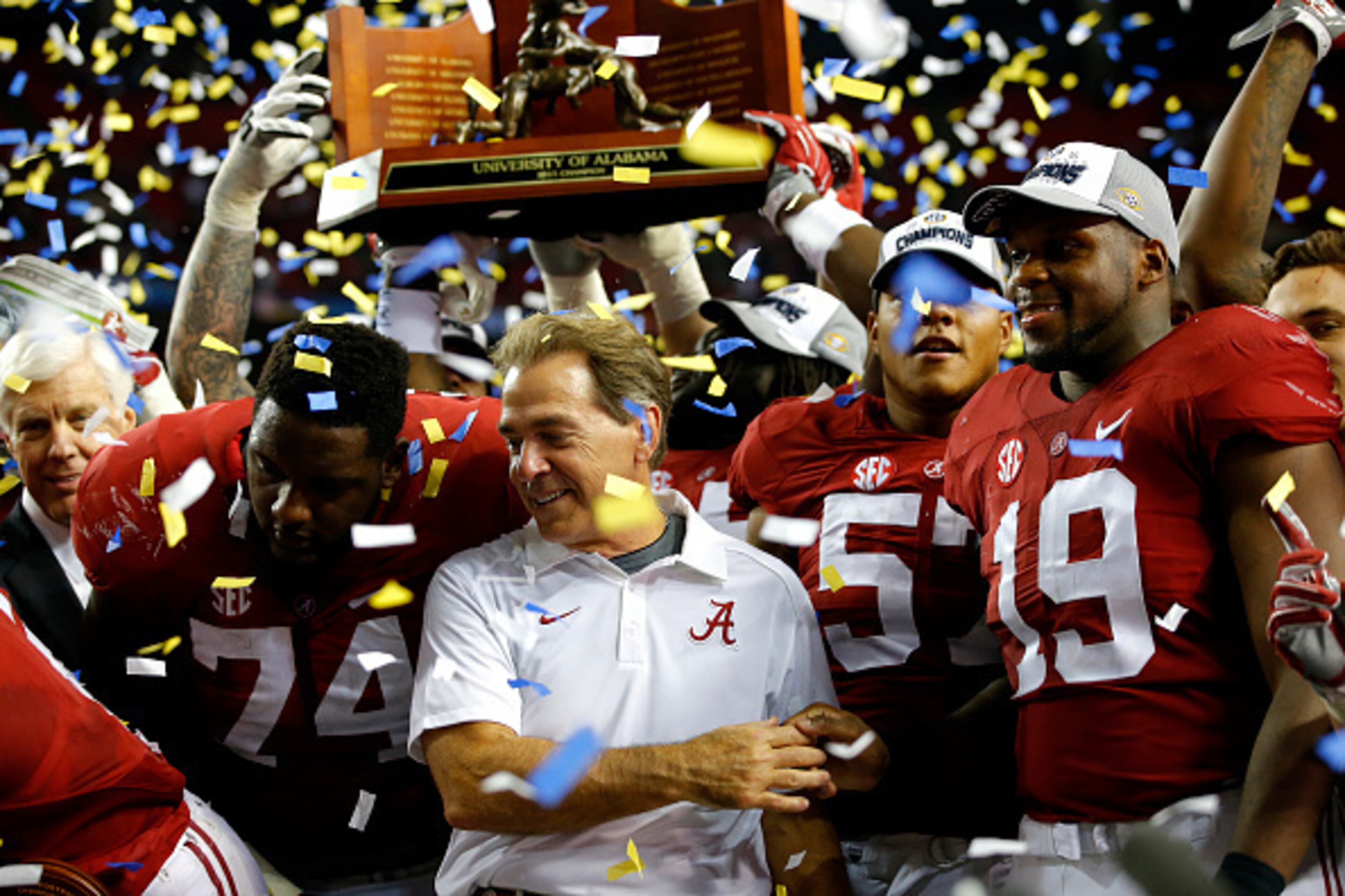 ATLANTA, GA - DECEMBER 5: Head coach Nick Saban of the Alabama Crimson Tide after defeating the Florida Gators 29-15 in the SEC Championship game at the Georgia Dome on December 5, 2015 in Atlanta, Georgia. (Photo by Kevin C. Cox/Getty Images) ATLANTA, GA - DECEMBER 5: Head coach Nick Saban of the Alabama Crimson Tide after defeating the Florida Gators 29-15 in the SEC Championship game at the Georgia Dome on December 5, 2015 in Atlanta, Georgia. (Photo by Kevin C. Cox/Getty Images)