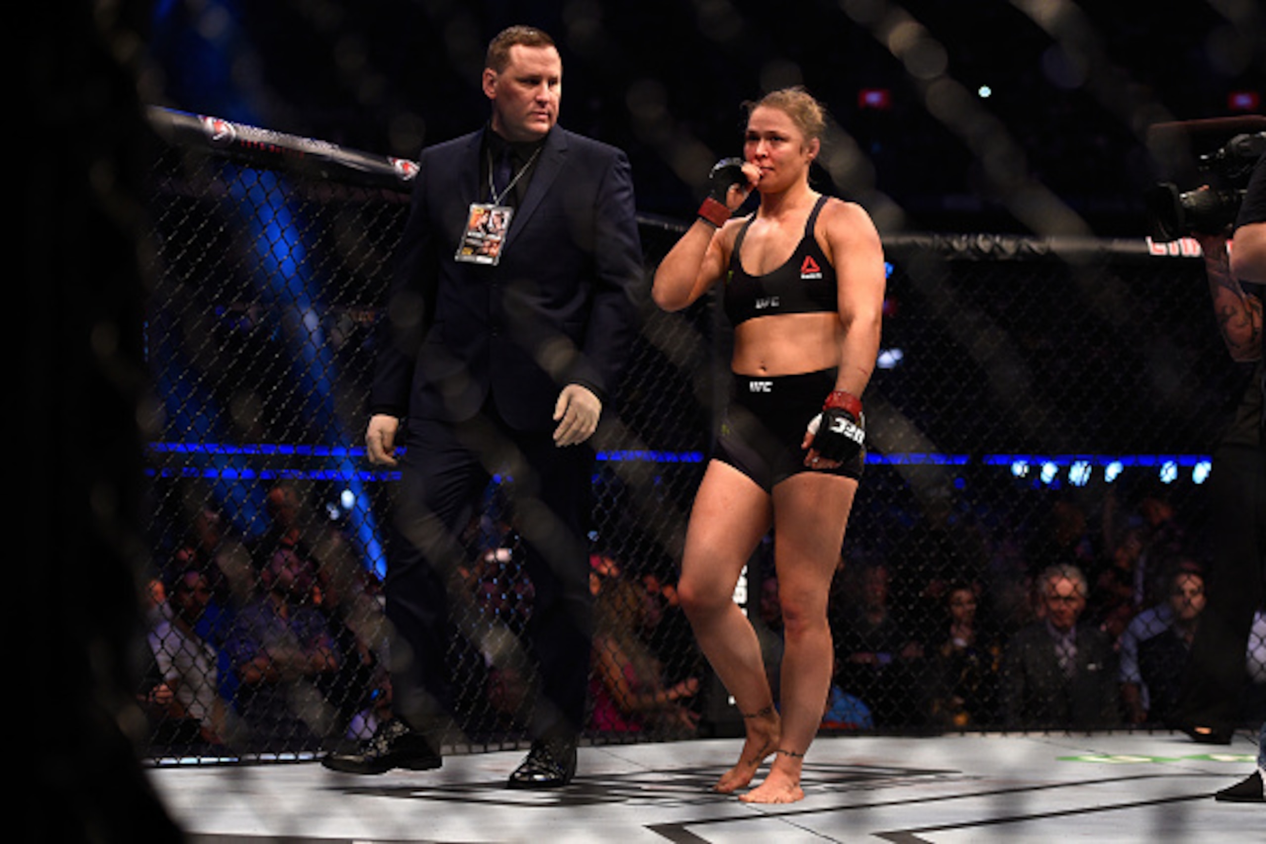 MELBOURNE, AUSTRALIA - NOVEMBER 15: Ronda Rousey leaves the Octagon after being defeated by Holly Holm in their UFC women's bantamweight championship bout during the UFC 193 event at Etihad Stadium on November 15, 2015 in Melbourne, Australia. (Photo by MELBOURNE, AUSTRALIA - NOVEMBER 15: Ronda Rousey leaves the Octagon after being defeated by Holly Holm in their UFC women's bantamweight championship bout during the UFC 193 event at Etihad Stadium on November 15, 2015 in Melbourne, Australia. (Photo by