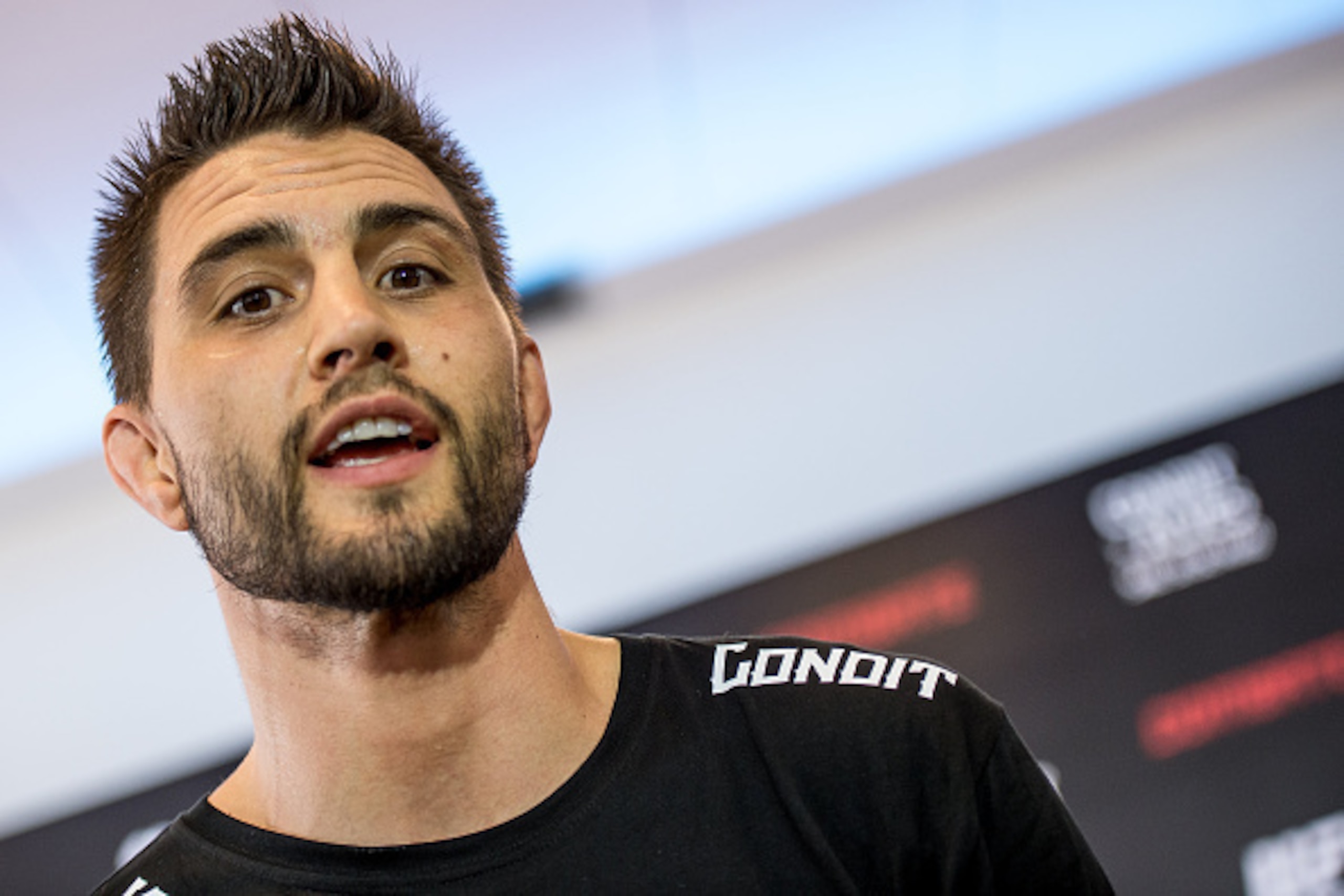 GOIANIA, BRAZIL - MAY 28: Welterweight Carlos Condit of the United States speaks to the media during an open training session at Flex Alphaville Gym on May 28, 2015 in Goiania, Brazil. (Photo by Buda Mendes/Zuffa LLC/Zuffa LLC via Getty Images)