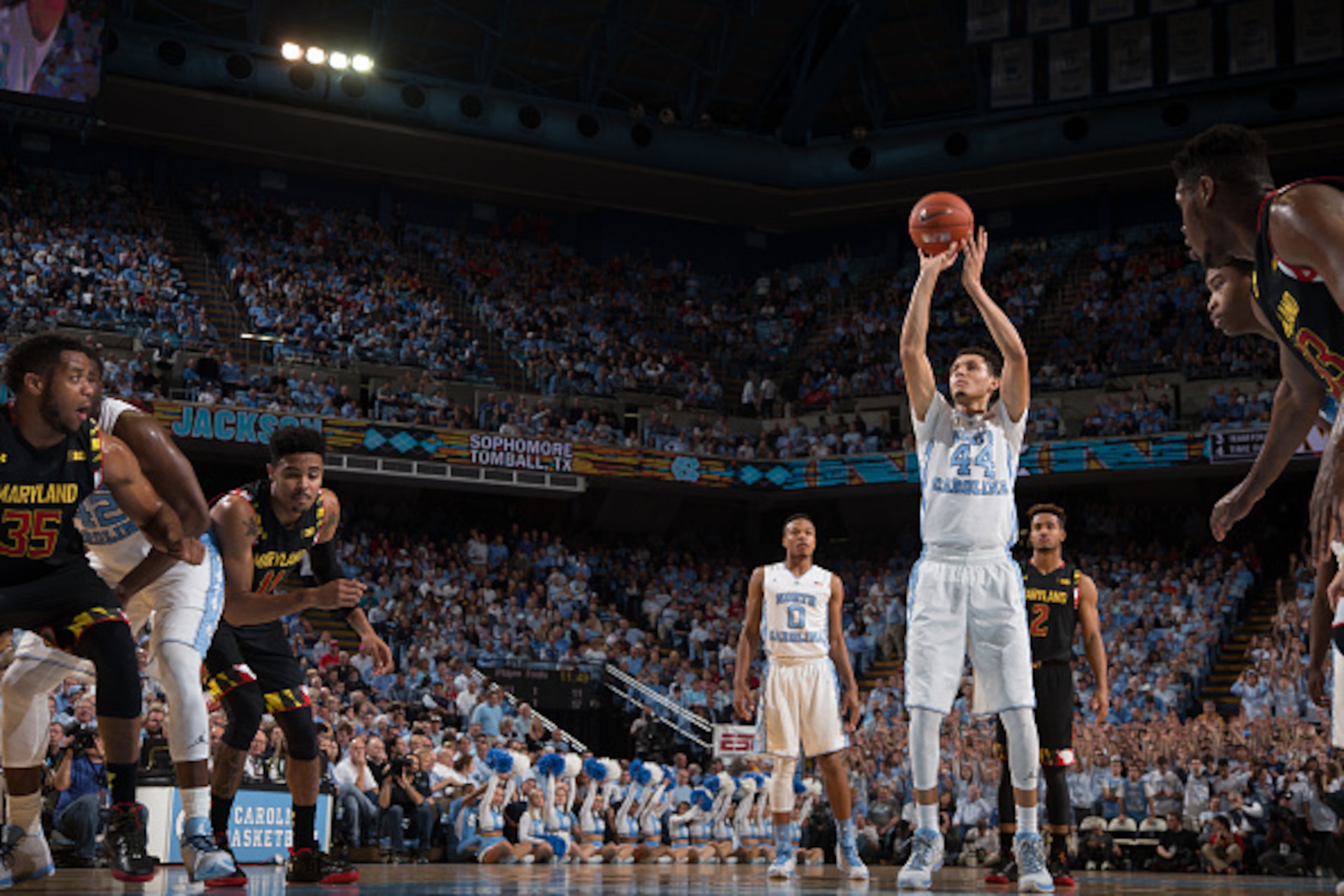 CHAPEL HILL, NC - DECEMBER 01: Justin Jackson #44 of the North Carolina Tar Heels shoots a foul shot against the Maryland Terrapins on December 01, 2015 at the Dean E. Smith Center in Chapel Hill, North Carolina. North Carolina won 89-81. (Photo by Peyton