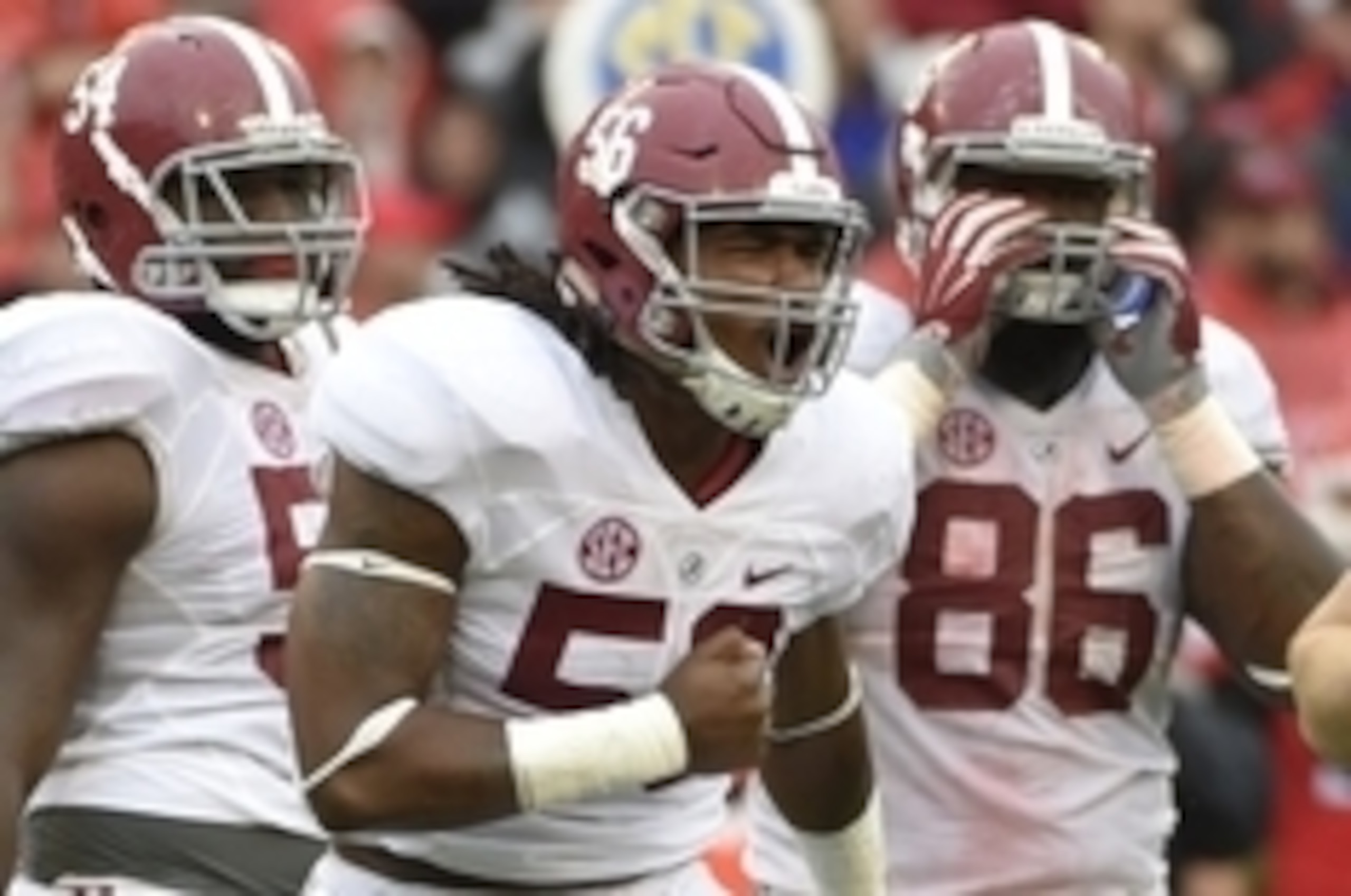 Oct 3, 2015; Athens, GA, USA; Alabama Crimson Tide linebacker Tim Williams (56) reacts after a quarterback sack during the second quarter against the Georgia Bulldogs at Sanford Stadium. Mandatory Credit: John David Mercer-USA TODAY Sports