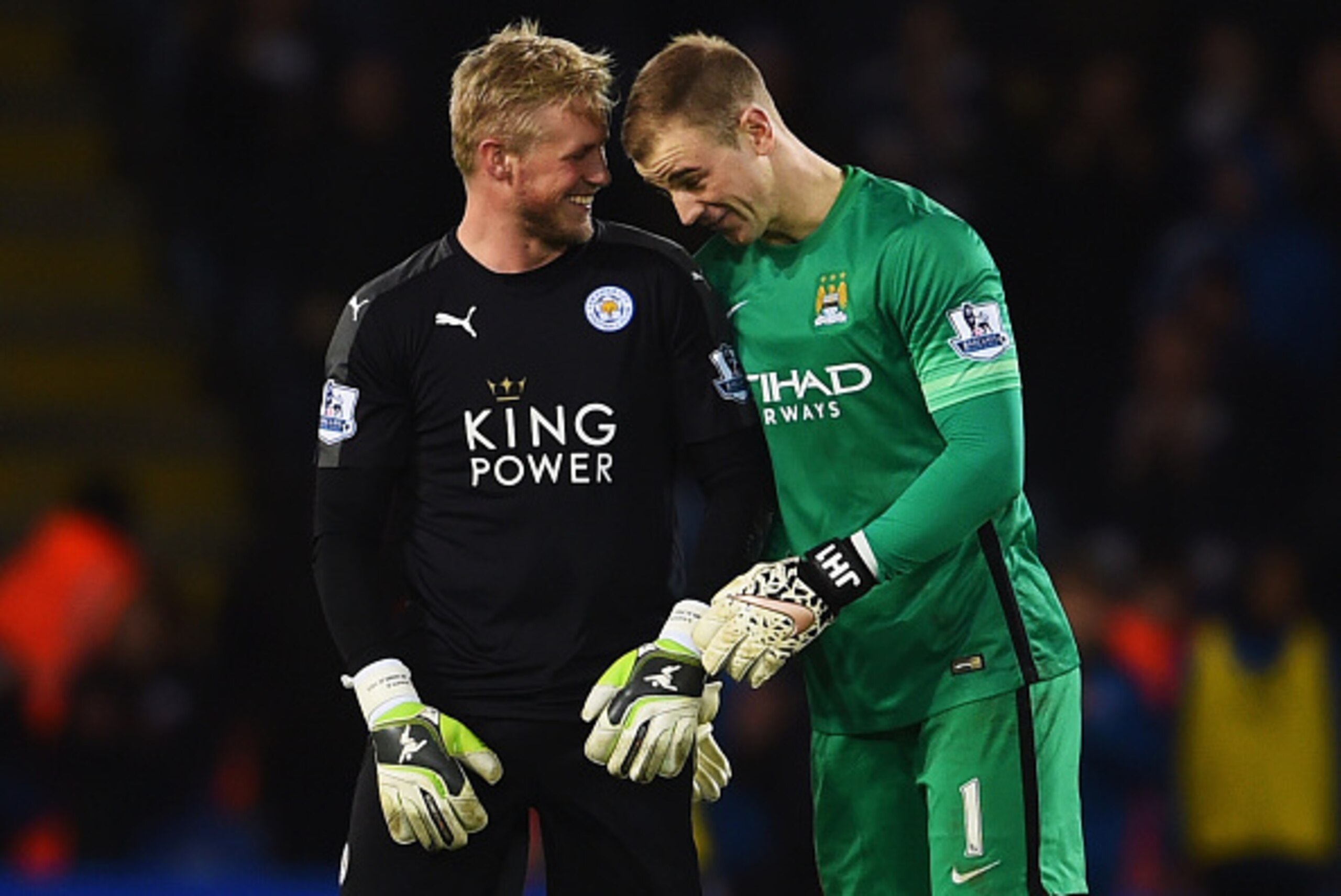 LEICESTER, ENGLAND - DECEMBER 29:  Joe Hart of Manchester City and Kasper Schmeichel of Leicester City joke after the Barclays Premier League match between Leicester City and Manchester City at The King Power Stadium on December 29, 2015 in Leicester, Eng