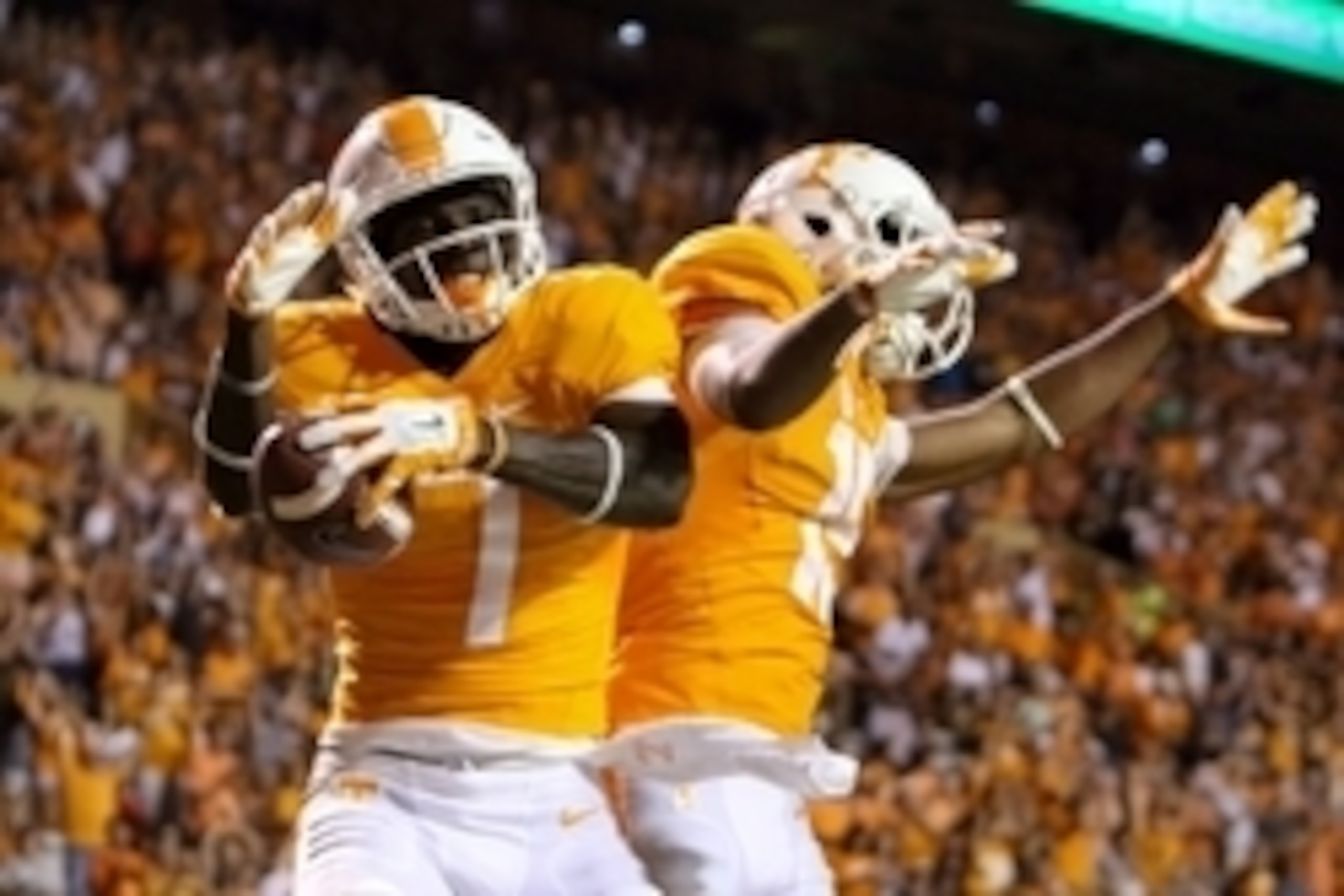 Sep 19, 2015; Knoxville, TN, USA; Tennessee Volunteers wide receiver Preston Williams (7) celebrates with wide receiver Jauan Jennings (15) after Williams scored a touchdown against the Western Carolina Catamounts during the second half at Neyland Stadium