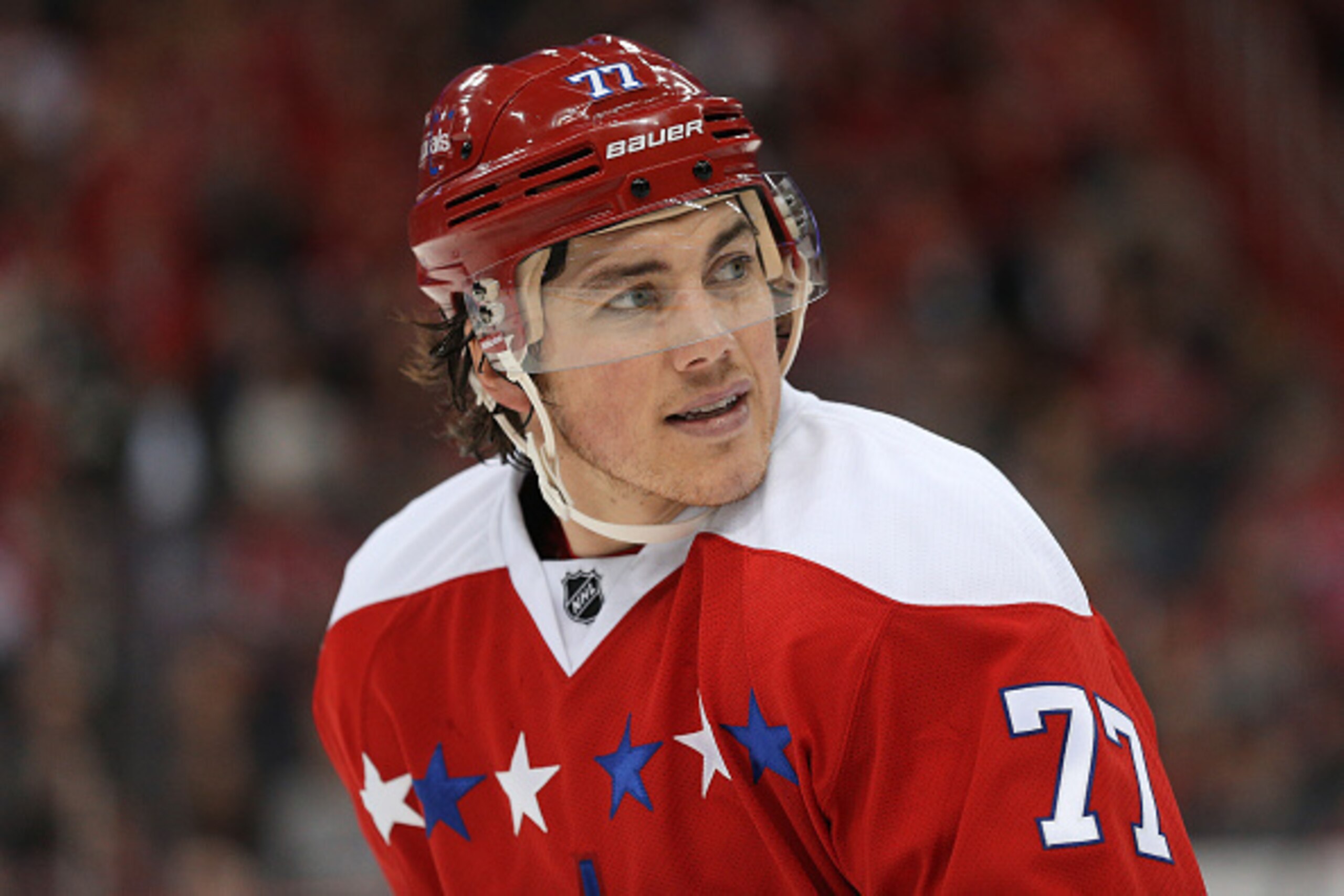 WASHINGTON, DC - DECEMBER 16: T.J. Oshie #77 of the Washington Capitals looks on against the Ottawa Senators at Verizon Center on December 16, 2015 in Washington, DC. (Photo by Patrick Smith/Getty Images)