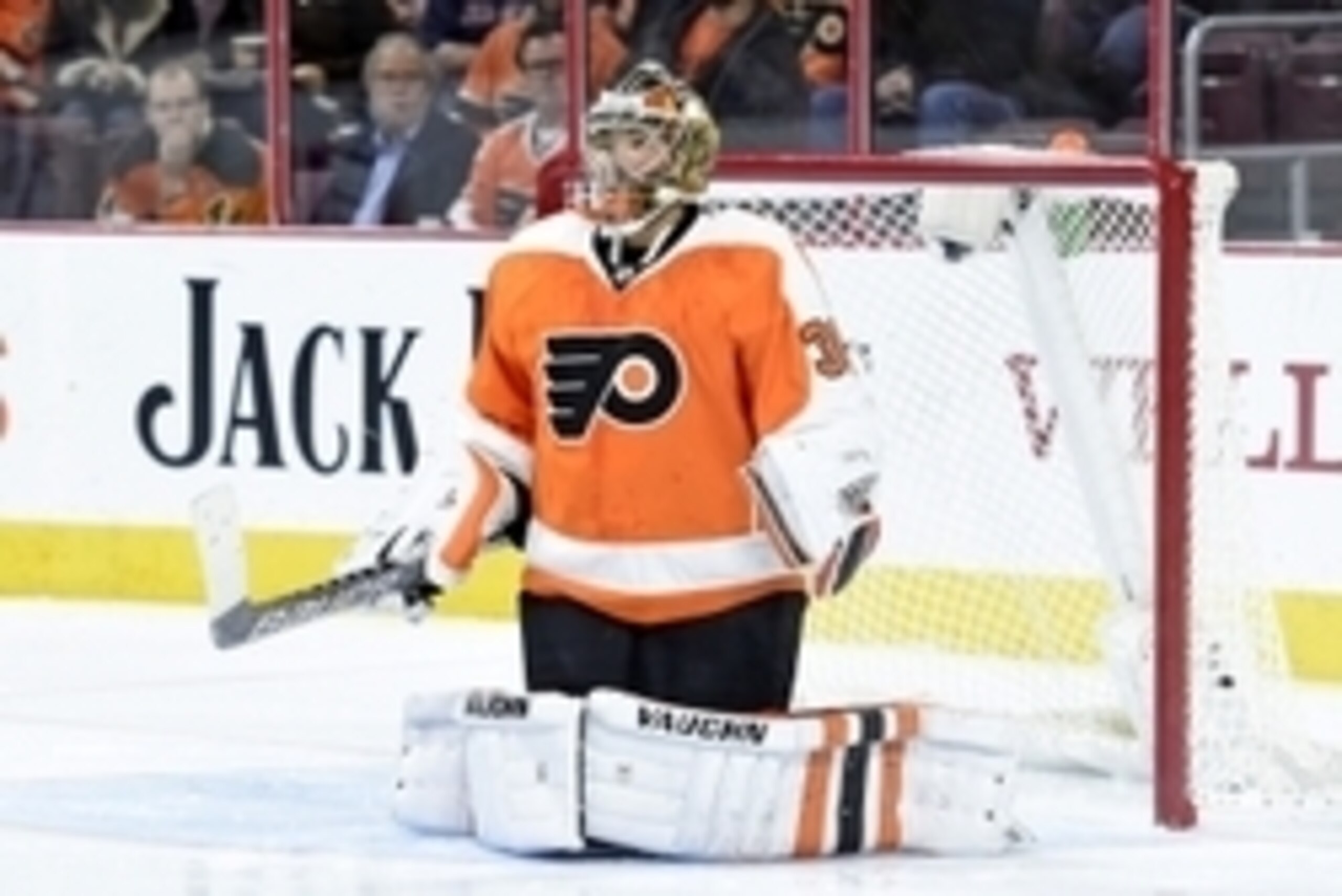 Dec 15, 2015; Philadelphia, PA, USA; Philadelphia Flyers goalie Michal Neuvirth (30) reacts after allowing a goal by Carolina Hurricanes left wing Jeff Skinner (53) (not pictured) during the first period at Wells Fargo Center. Mandatory Credit: Eric Hartl