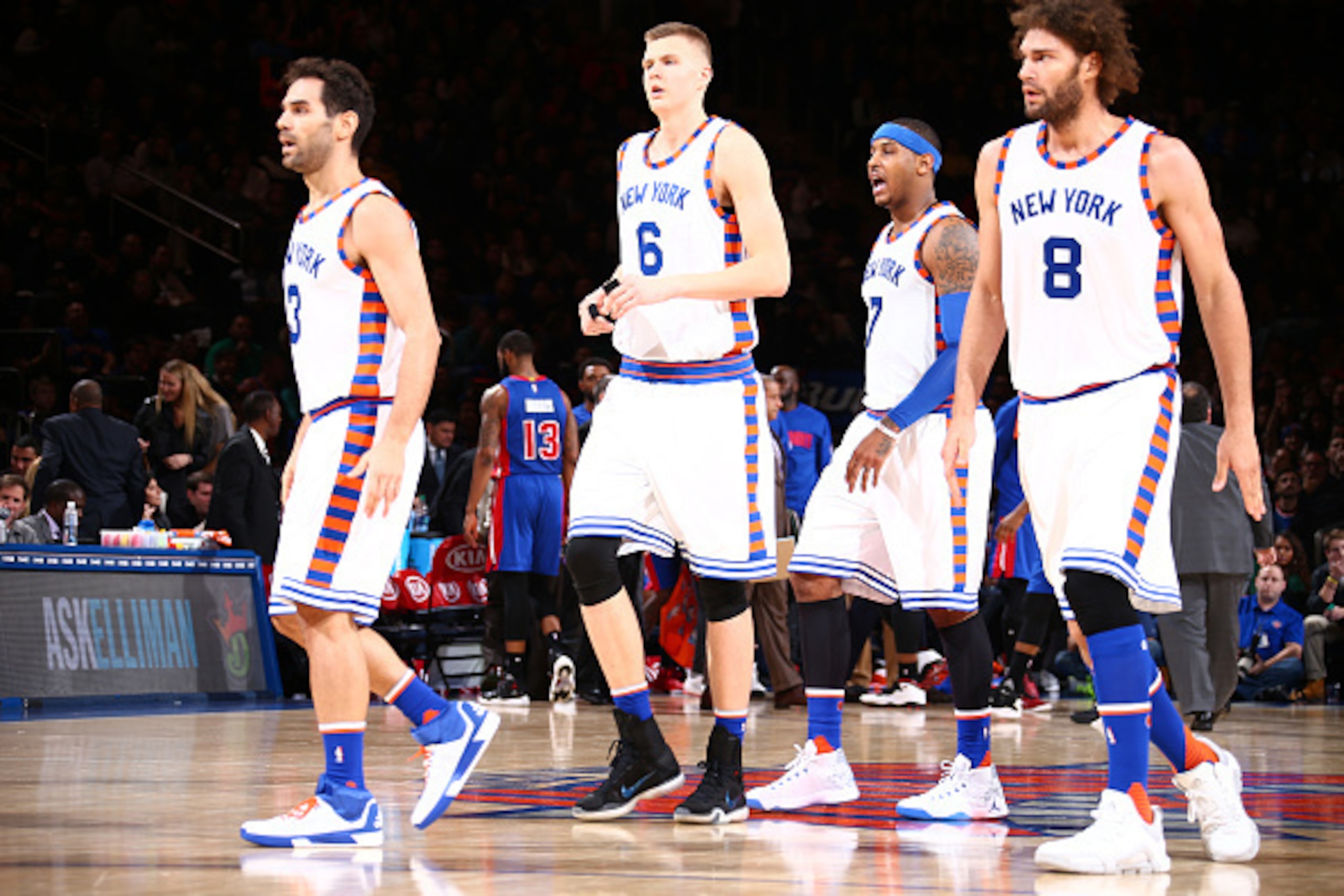 NEW YORK, NY - DECEMBER 29:  Jose Calderon #3 of the New York Knicks, Kristaps Porzingis #6 of the New York Knicks, Carmelo Anthony #7 of the New York Knicks and Robin Lopez #8 of the New York Knicks stand on the court during the game against the Detroit 