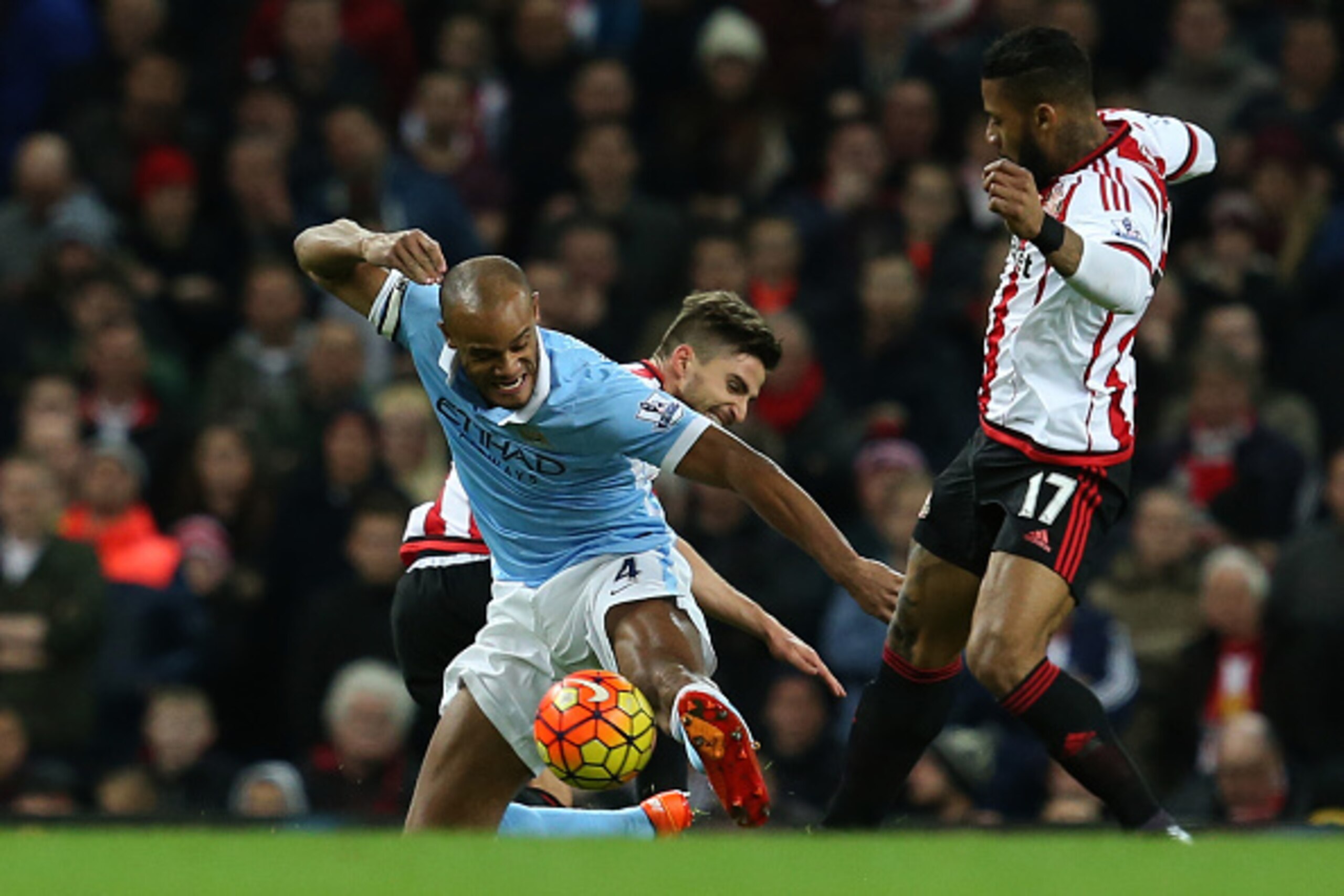 MANCHESTER, ENGLAND - DECEMBER 26:  Vincent Kompany of Manchester City injures himself after only just coming onto the pitch as a second half substitute during the Barclays Premier League match between Manchester City and Sunderland at the Etihad Stadium 