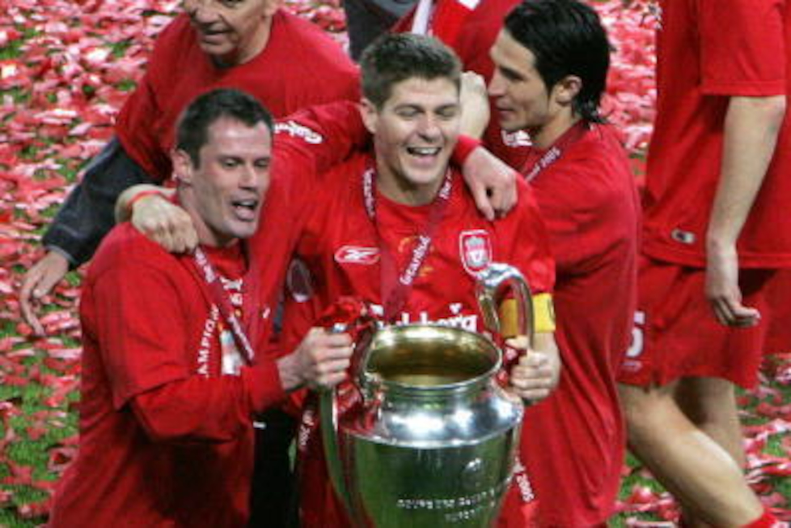Istanbul, Turkey: (L-R) Liverpool players, defender Jamie Carragher, captain and midfielder Steven Gerrard, Liverpool's Spanish midfielder Luis Garcia pose for photographers at the end of the UEFA Champions league football final AC Milan vs Liverpool, 25 Istanbul, Turkey: (L-R) Liverpool players, defender Jamie Carragher, captain and midfielder Steven Gerrard, Liverpool's Spanish midfielder Luis Garcia pose for photographers at the end of the UEFA Champions league football final AC Milan vs Liverpool, 25
