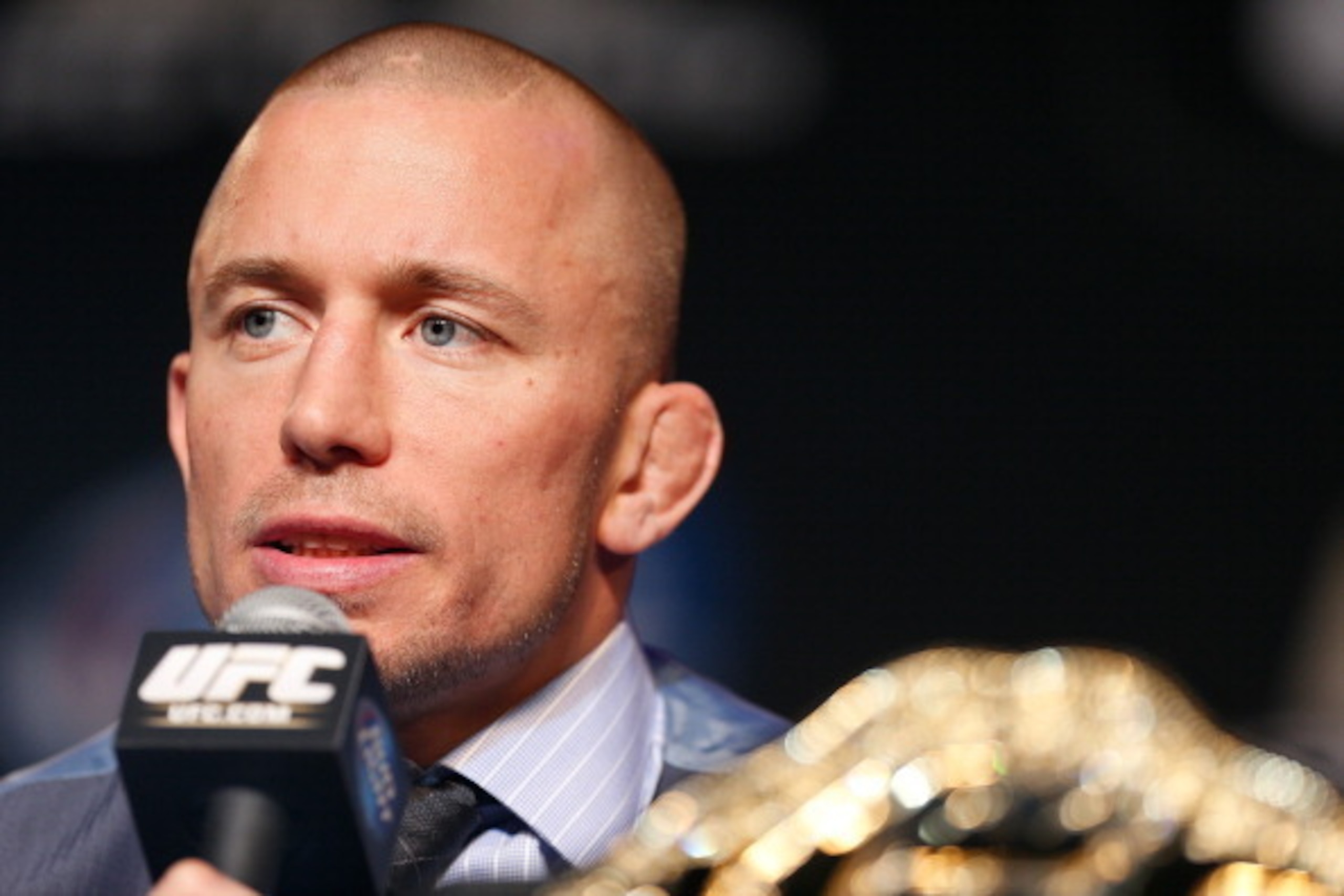 LAS VEGAS, NV - NOVEMBER 14: UFC welterweight champion Georges St-Pierre interacts with media during the final UFC 167 pre-fight press conference inside the Hollywood Theatre at the MGM Grand Hotel/Casino on November 14, 2013 in Las Vegas, Nevada. (Photo 