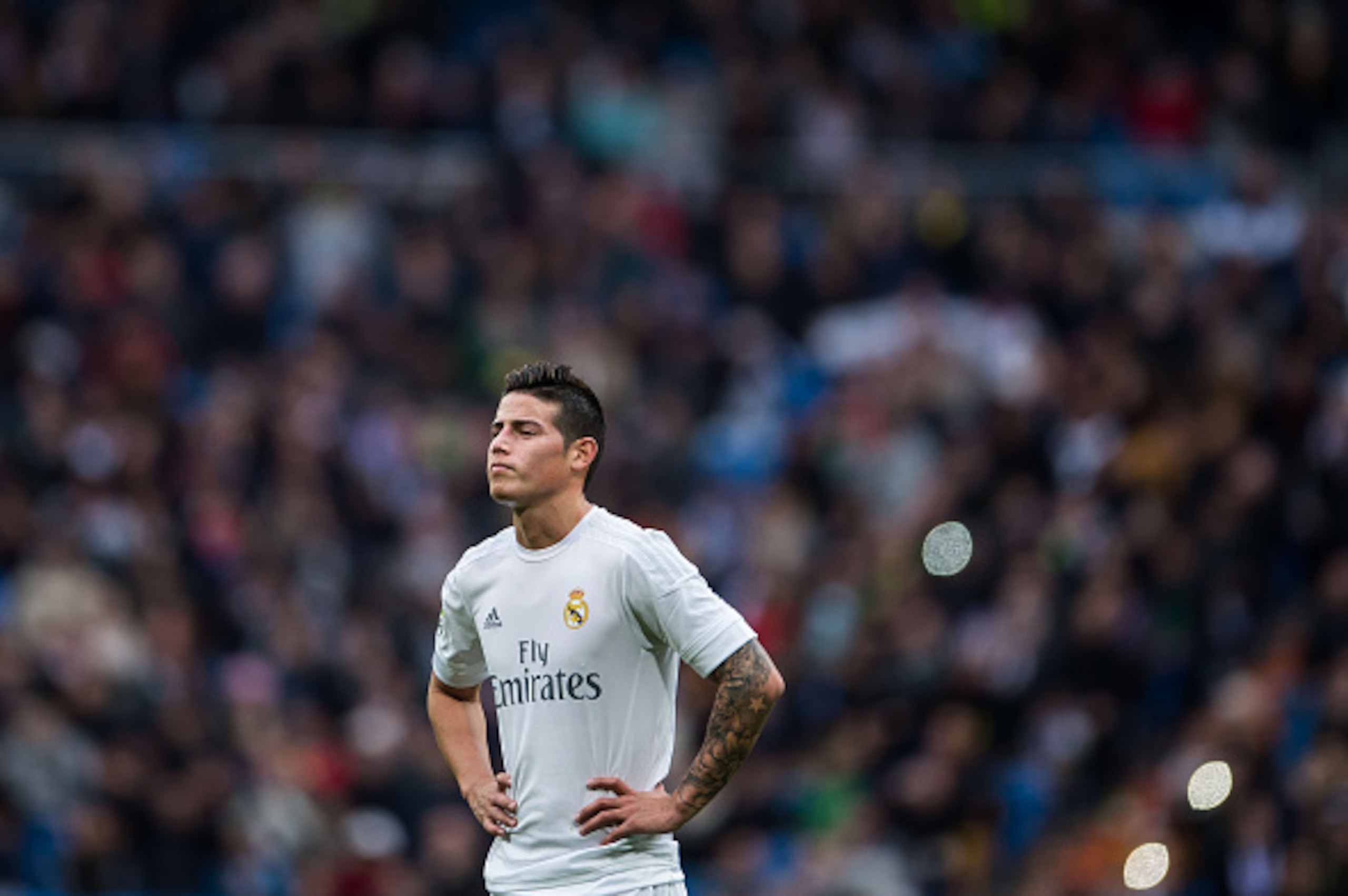 MADRID, SPAIN - DECEMBER 30:  James Rodriguez of Real Madrid CF looks on during the Real Madrid CF vs Real Sociedad as part of the Liga BBVA 2015-2016 at Estadio Santiago Bernabeu on December 30, 2015 in Madrid, Spain.  (Photo by Aitor Alcalde/Power Sport