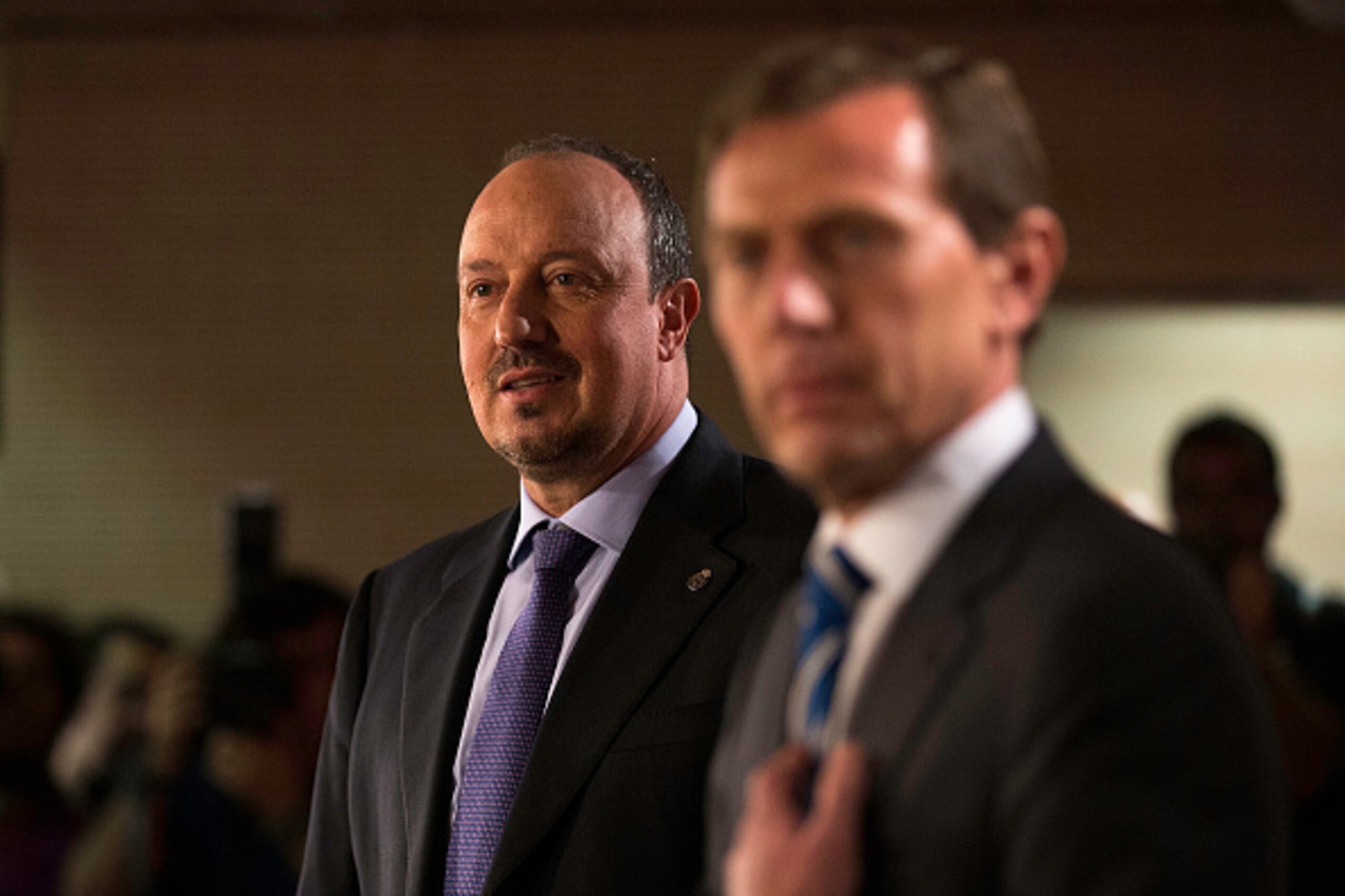 MADRID, SPAIN - JUNE 03:  New Real Madrid head coach Rafael Benitez (L) pose for the media close to Institutional Relations Manager Emilio Butragueno (R) during his presentation at Santiago Bernabeu stadium on June 3, 2015 in Madrid, Spain.  (Photo by Gon