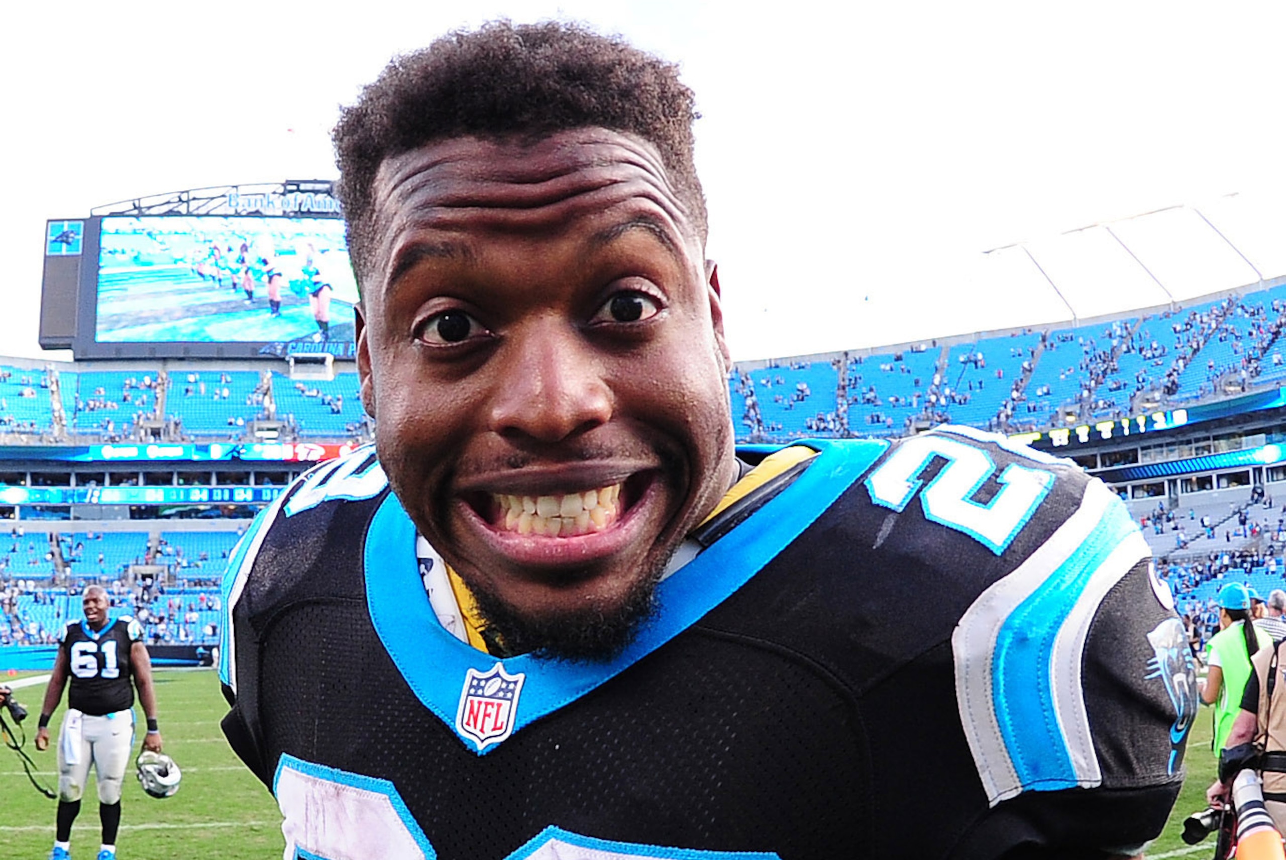 CHARLOTTE, NC - DECEMBER 13: Jonathan Stewart #28 of the Carolina Panthers heads off the field after the game against the Atlanta Falcons at Bank Of America Stadium on December 13, 2015 in Charlotte, North Carolina. (Photo by Scott Cunningham/Getty Images