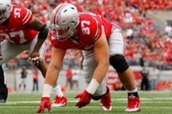 Sep 26, 2015; Columbus, OH, USA; Ohio State Buckeyes defensive lineman Joey Bosa (97) lines up versus the Western Michigan Broncos at Ohio Stadium. Ohio State won the game 38-12. Mandatory Credit: Joe Maiorana-USA TODAY Sports