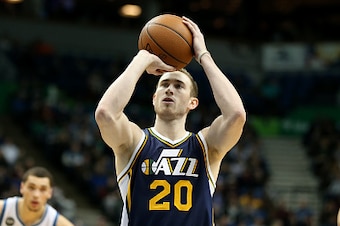 MINNEAPOLIS, MN -  DECEMBER 30:  Gordon Hayward #20 of the Utah Jazz prepares to shoot a free throw against the Minnesota Timberwolves on December 30, 2015 at Target Center in Minneapolis, Minnesota. NOTE TO USER: User expressly acknowledges and agrees th