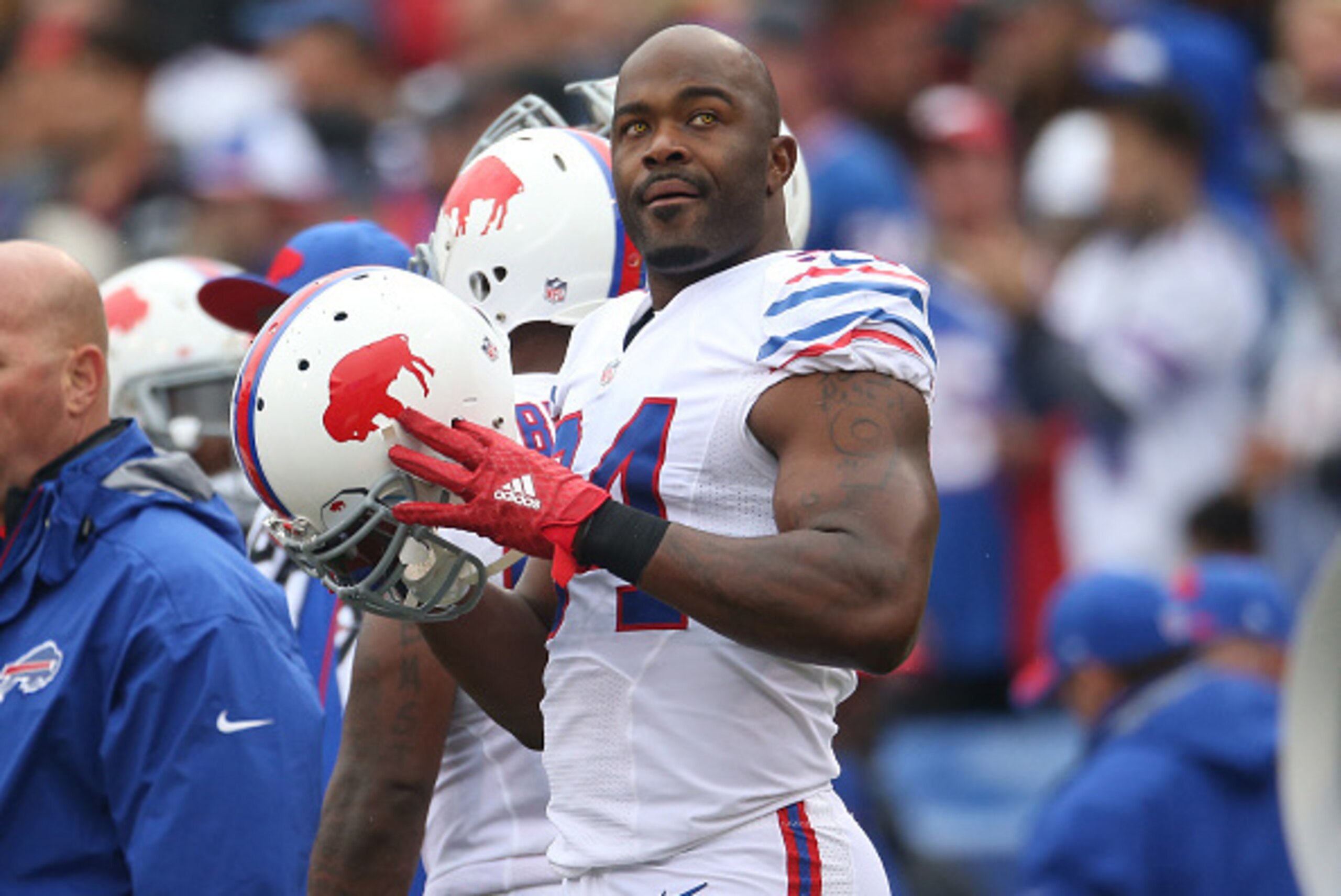 ORCHARD PARK, NY - SEPTEMBER 13: Mario Williams #94 of the Buffalo Bills looks on from the sideline during NFL game action against the Indianapolis Colts at Ralph Wilson Stadium on September 13, 2015 in Orchard Park, New York. (Photo by Tom Szczerbowski/G