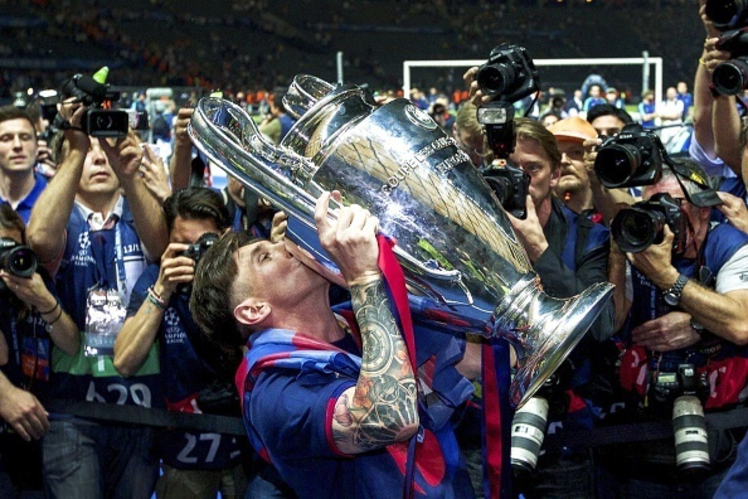Lionel Messi of FC Barcelona with Champions League trophy during the UEFA Champions League  final match between Barcelona and Juventus on June 6, 2015 at the Olympic stadium in Berlin, Germany.(Photo by VI Images via Getty Images)