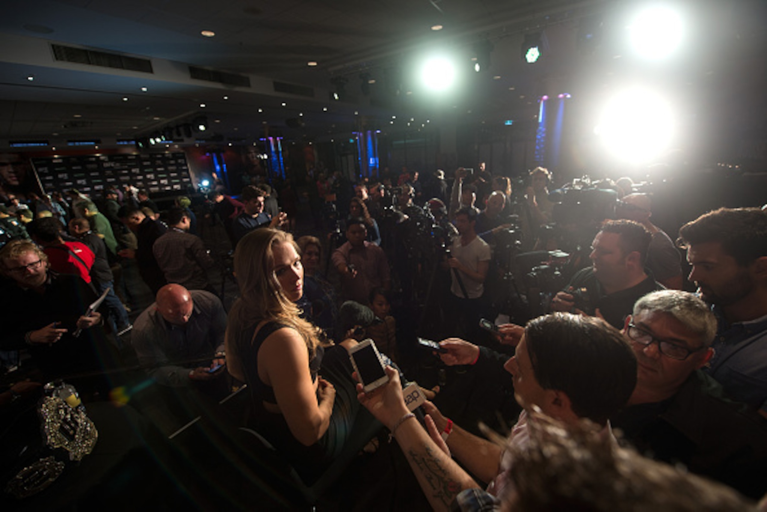 MELBOURNE, AUSTRALIA - NOVEMBER 13: UFC women's bantamweight champion Ronda Rousey of the United States speaks to the media during the UFC 193 Ultimate Media Day festivities at Etihad Stadium on November 13, 2015 in Melbourne, Australia. (Photo by Brando MELBOURNE, AUSTRALIA - NOVEMBER 13: UFC women's bantamweight champion Ronda Rousey of the United States speaks to the media during the UFC 193 Ultimate Media Day festivities at Etihad Stadium on November 13, 2015 in Melbourne, Australia. (Photo by Brando