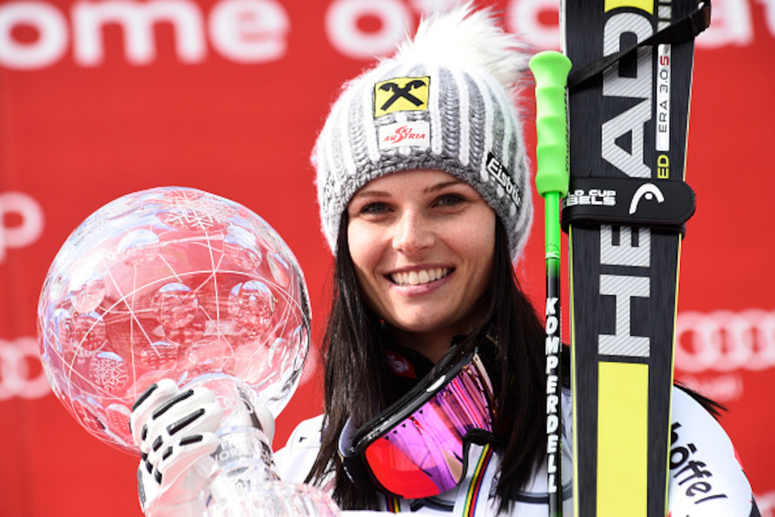 MERIBEL, FRANCE - MARCH 22: (FRANCE OUT) Anna Fenninger of Austria wins the overall World Cup globe during the Audi FIS Alpine Ski World Cup Finals on March 22, 2015 in Meribel, France. (Photo by Alain Grosclaude/Agence Zoom/Getty Images)