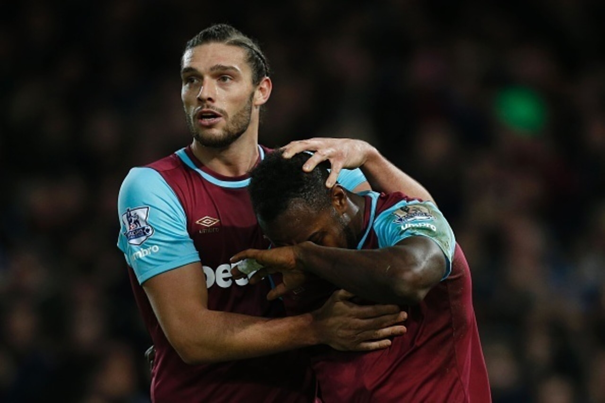 West Ham United's English midfielder Michail Antonio (R) celebrates with West Ham United's English striker Andy Carroll (L) after scoring their first goal during the English Premier League football match between West Ham United and Southampton at The Bole West Ham United's English midfielder Michail Antonio (R) celebrates with West Ham United's English striker Andy Carroll (L) after scoring their first goal during the English Premier League football match between West Ham United and Southampton at The Bole