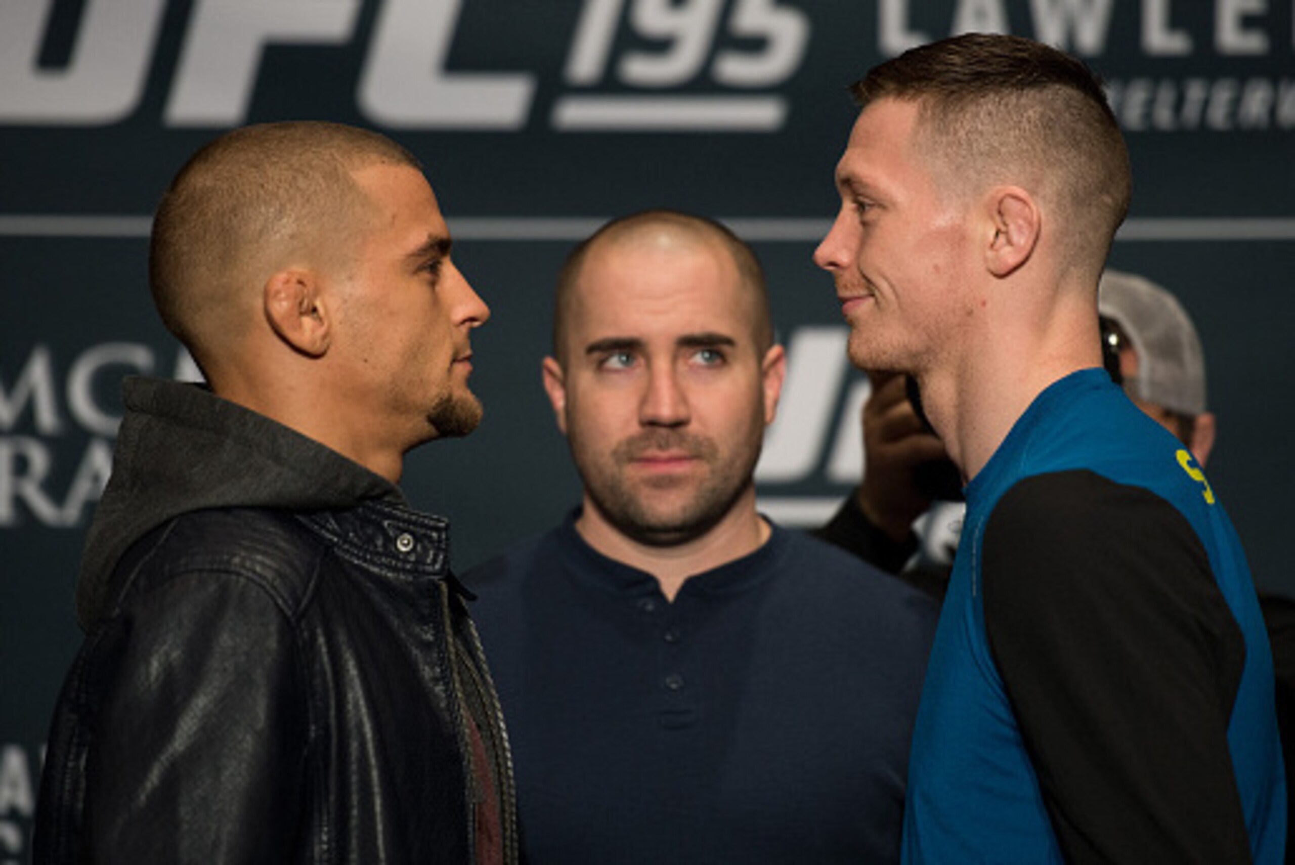 LAS VEGAS, NEVADA - DECEMBER 31:  (L-R) Dustin Poirier and Joe Duffey face off during the Ultimate Media Day at the MGM Grand Hotel/Casino on December 31, 2015 in Las Vegas Nevada. (Photo by Brandon Magnus/Zuffa LLC/Zuffa LLC via Getty Images)