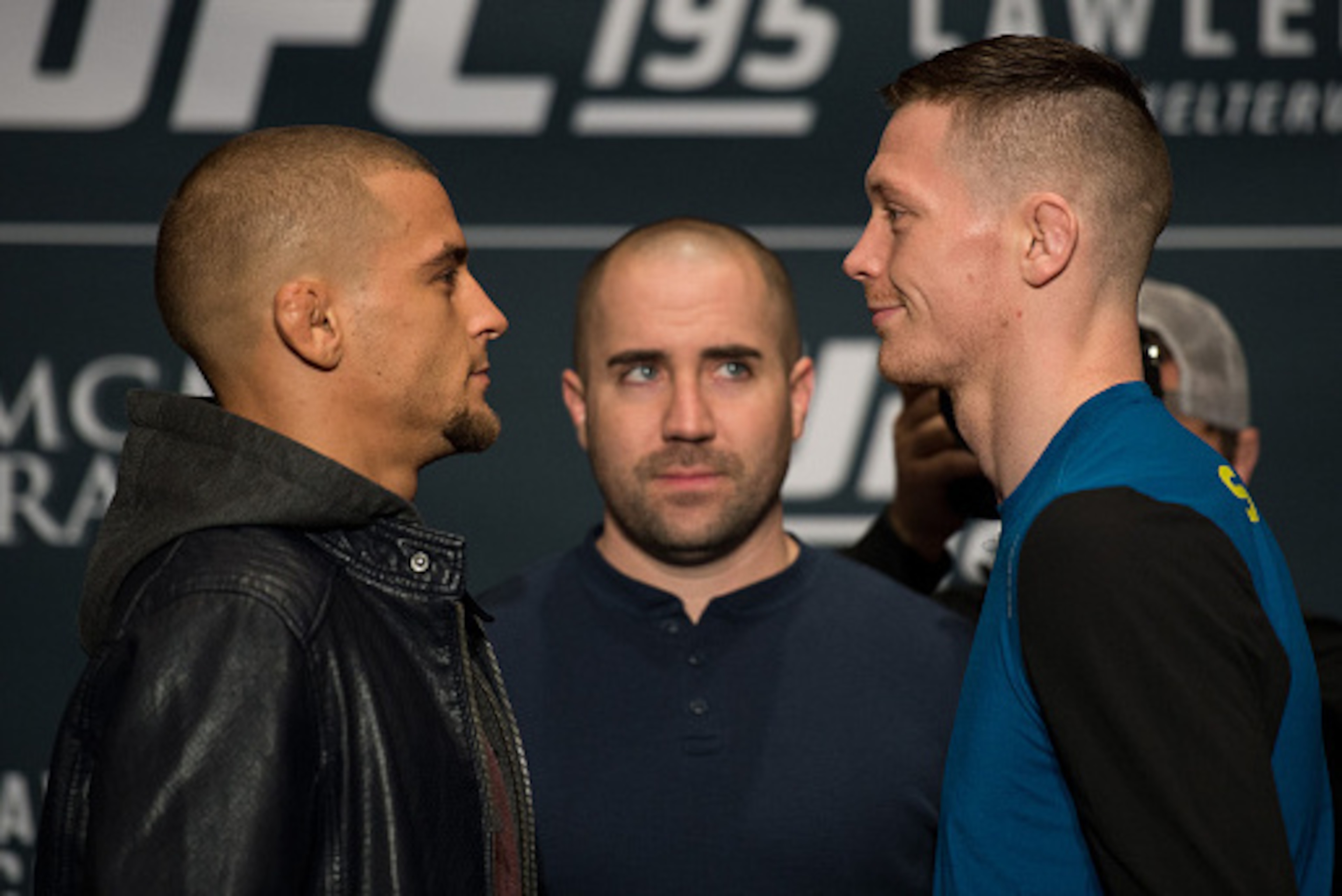 LAS VEGAS, NEVADA - DECEMBER 31:  (L-R) Dustin Poirier and Joe Duffey face off during the Ultimate Media Day at the MGM Grand Hotel/Casino on December 31, 2015 in Las Vegas Nevada. (Photo by Brandon Magnus/Zuffa LLC/Zuffa LLC via Getty Images)