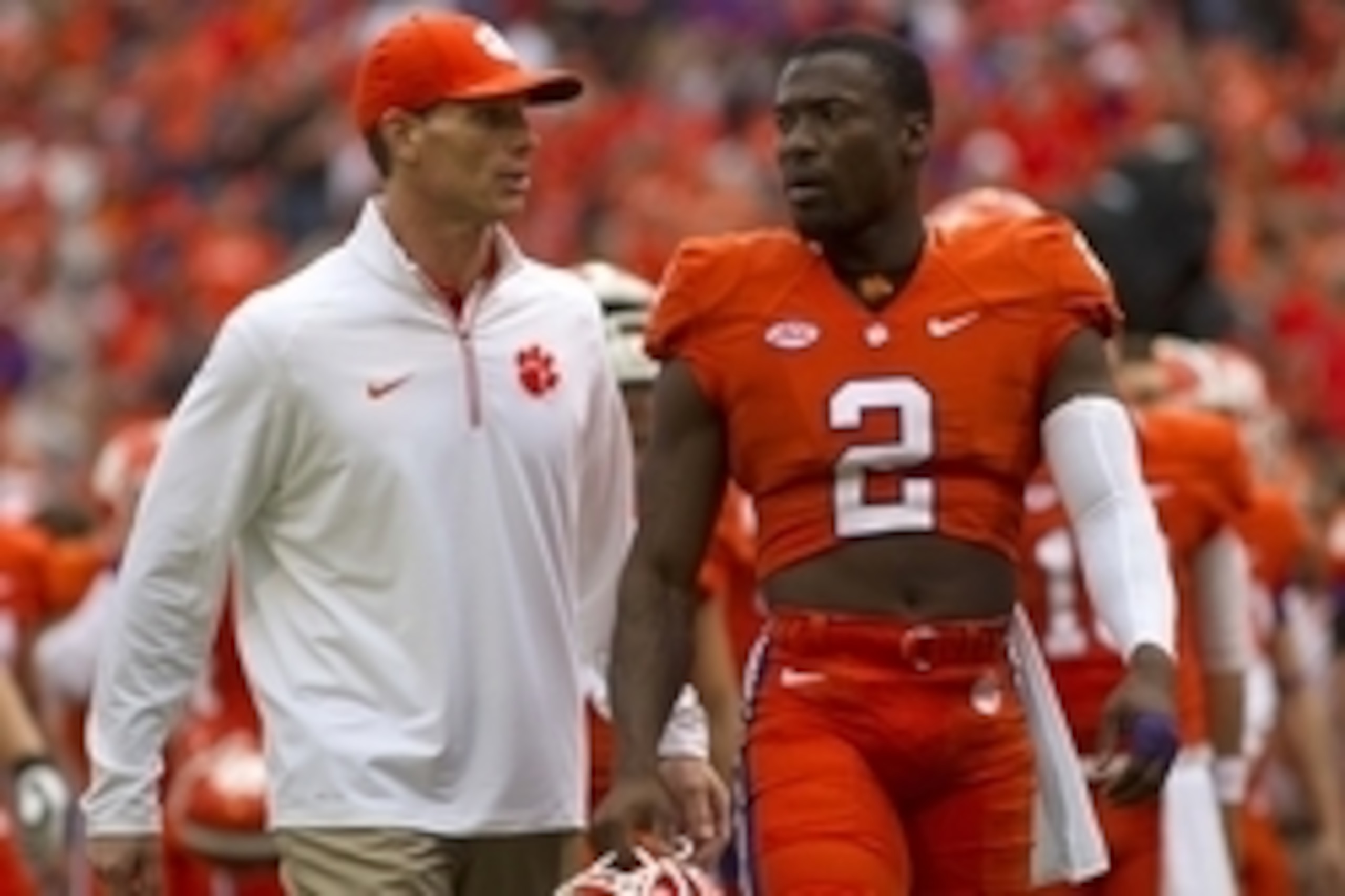 Nov 7, 2015; Clemson, SC, USA; Clemson Tigers defensive coordinator Brent Venables talks with Tigers cornerback Mackensie Alexander (2) prior to the game against the Florida State Seminoles at Clemson Memorial Stadium. Mandatory Credit: Joshua S. Kelly-US