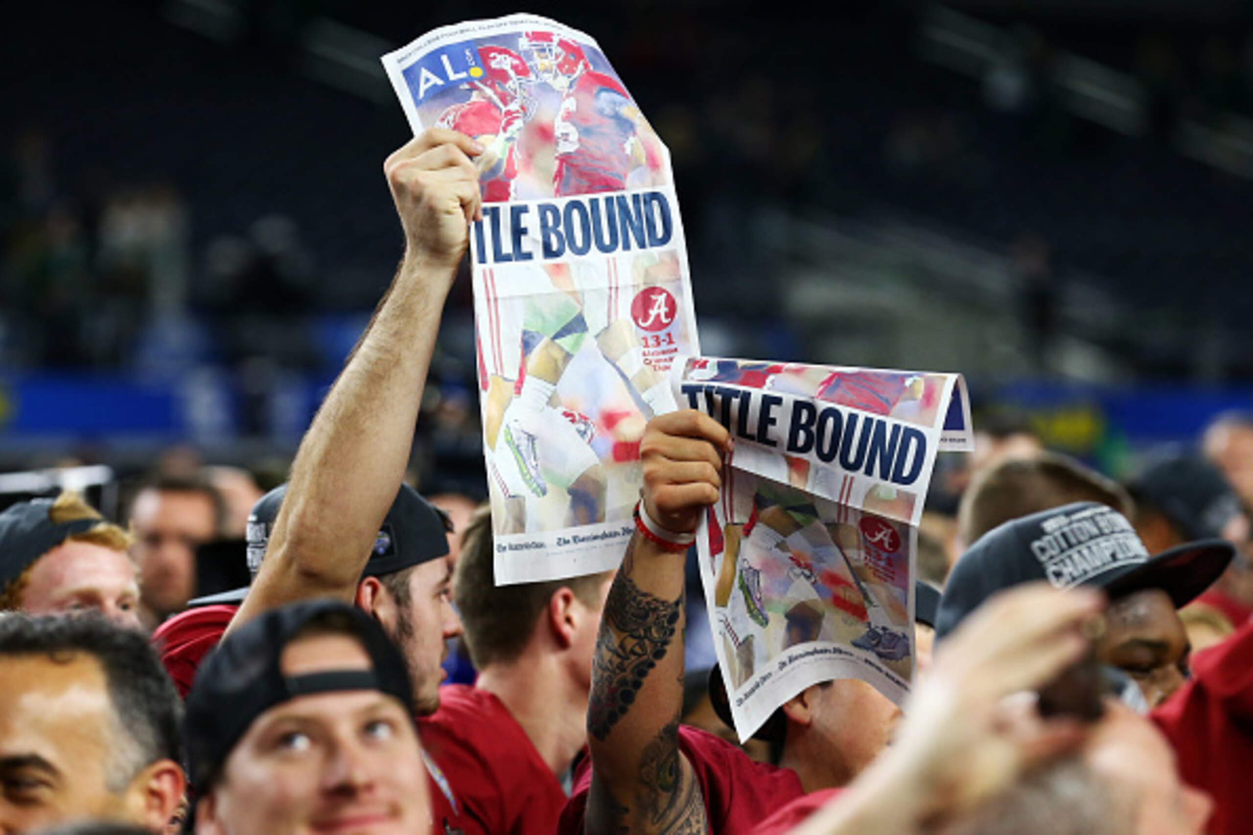 ARLINGTON, TX - DECEMBER 31: The Alabama Crimson Tide celebrate defeating the Michigan State Spartans 38 to 0 in the Goodyear Cotton Bowl at AT&T Stadium on December 31, 2015 in Arlington, Texas. (Photo by Tom Pennington/Getty Images) ARLINGTON, TX - DECEMBER 31: The Alabama Crimson Tide celebrate defeating the Michigan State Spartans 38 to 0 in the Goodyear Cotton Bowl at AT&T Stadium on December 31, 2015 in Arlington, Texas. (Photo by Tom Pennington/Getty Images)