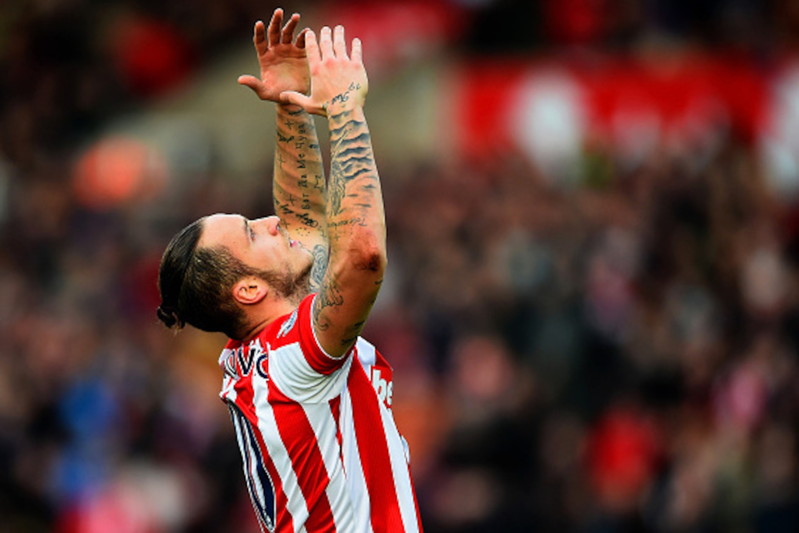 STOKE ON TRENT, ENGLAND - DECEMBER 26:  Marko Arnautovic of Stoke City celebrates after scoring his team's second goal during the Barclays Premier League match between Stoke City and Manchester United at Britannia Stadium on December 26, 2015 in Stoke on 