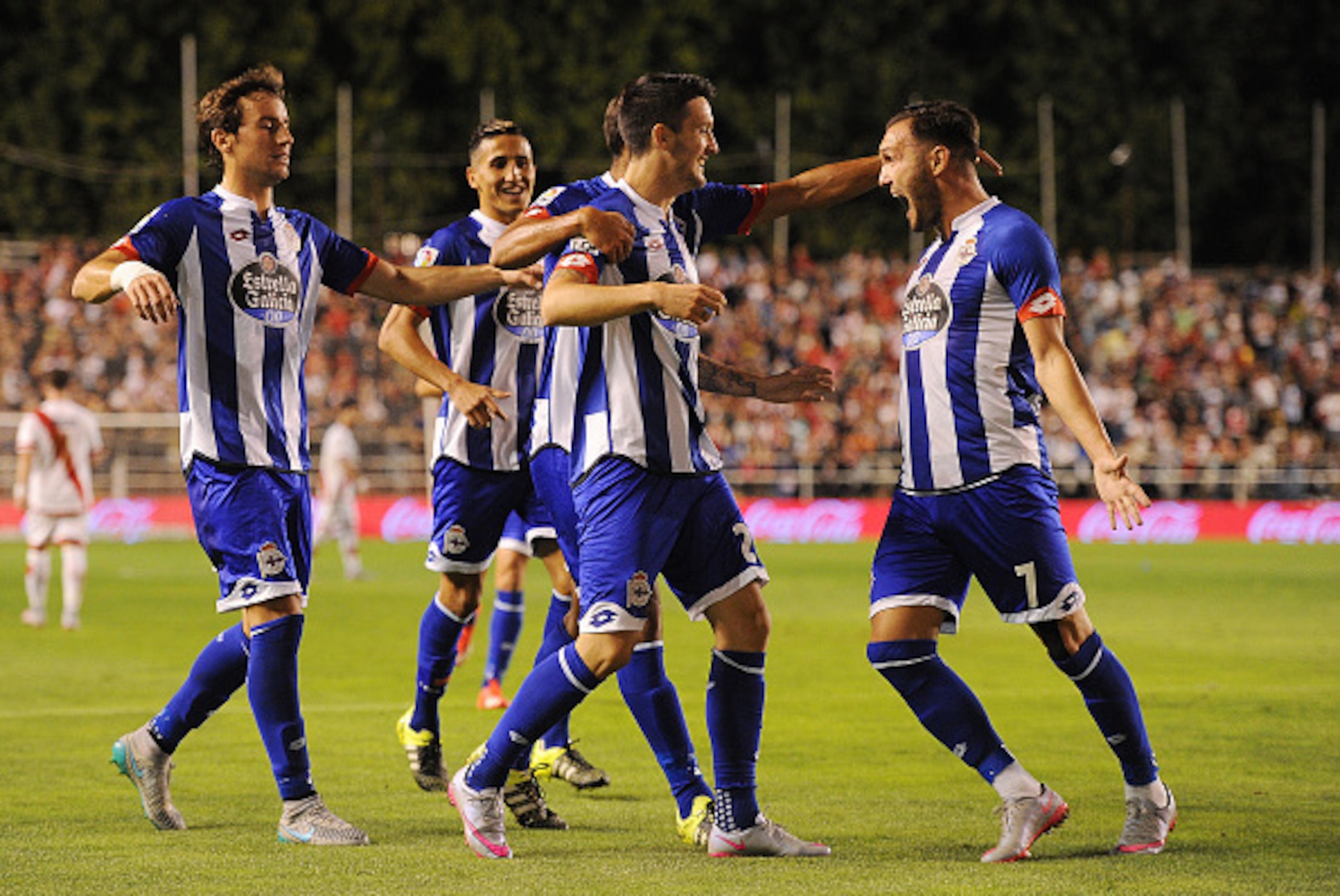 MADRID, SPAIN - SEPTEMBER 14:  Luis Alberto of RC Deportivo la Coruna celebrates with Lucas Perez after scoring Deportivo's 2nd goal during the La Liga match between Rayo Vallecano and RC Deportivo La Coruna at Estadio Teresa Rivero on September 14, 2015 