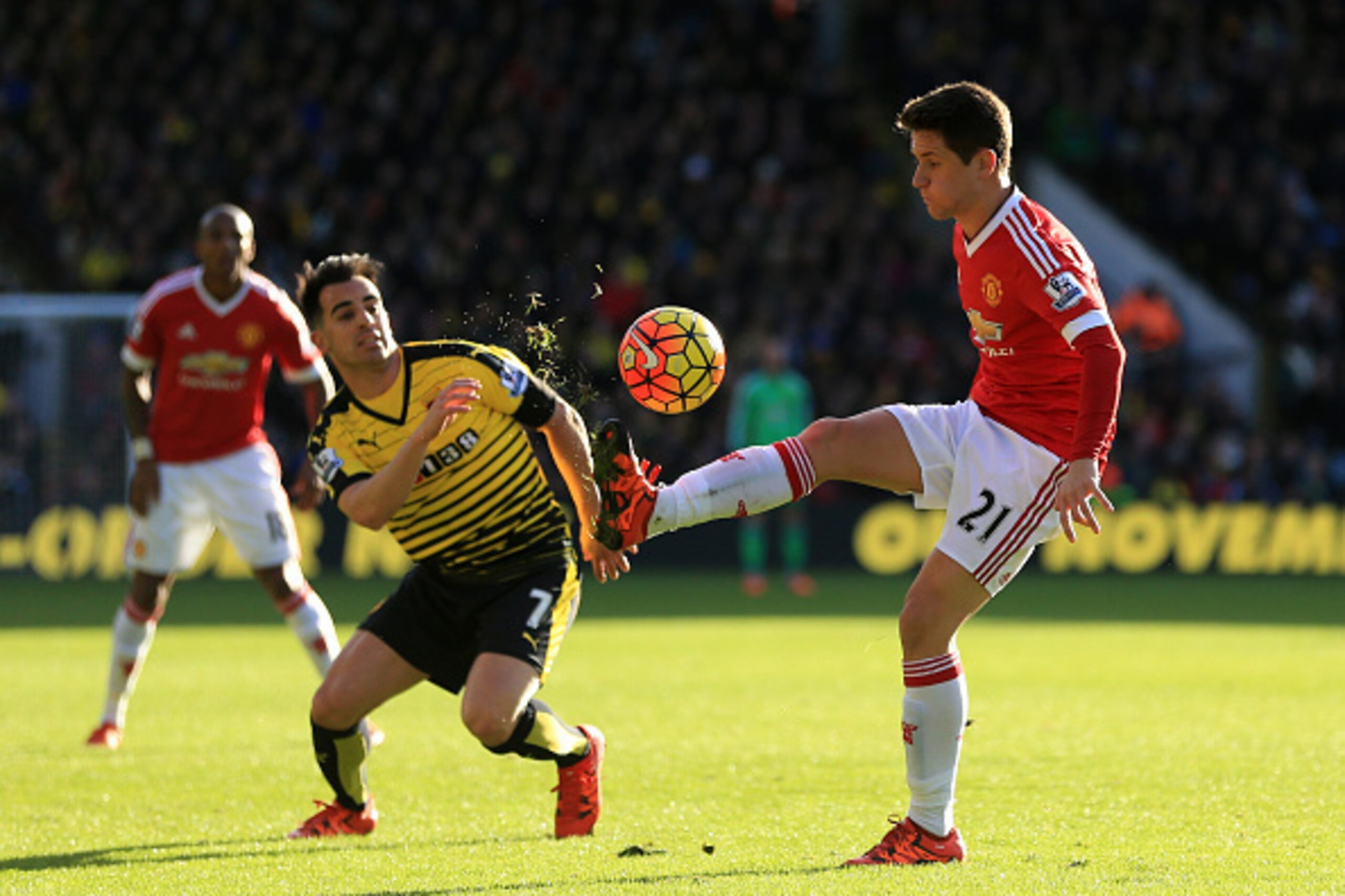 WATFORD, ENGLAND - NOVEMBER 21: Ander Herrera of Manchester United and Jose Manuel Jurado of Watford compete for the ball during the Barclays Premier League match between Watford and Manchester United at Vicarage Road on November 21, 2015 in Watford, Engl