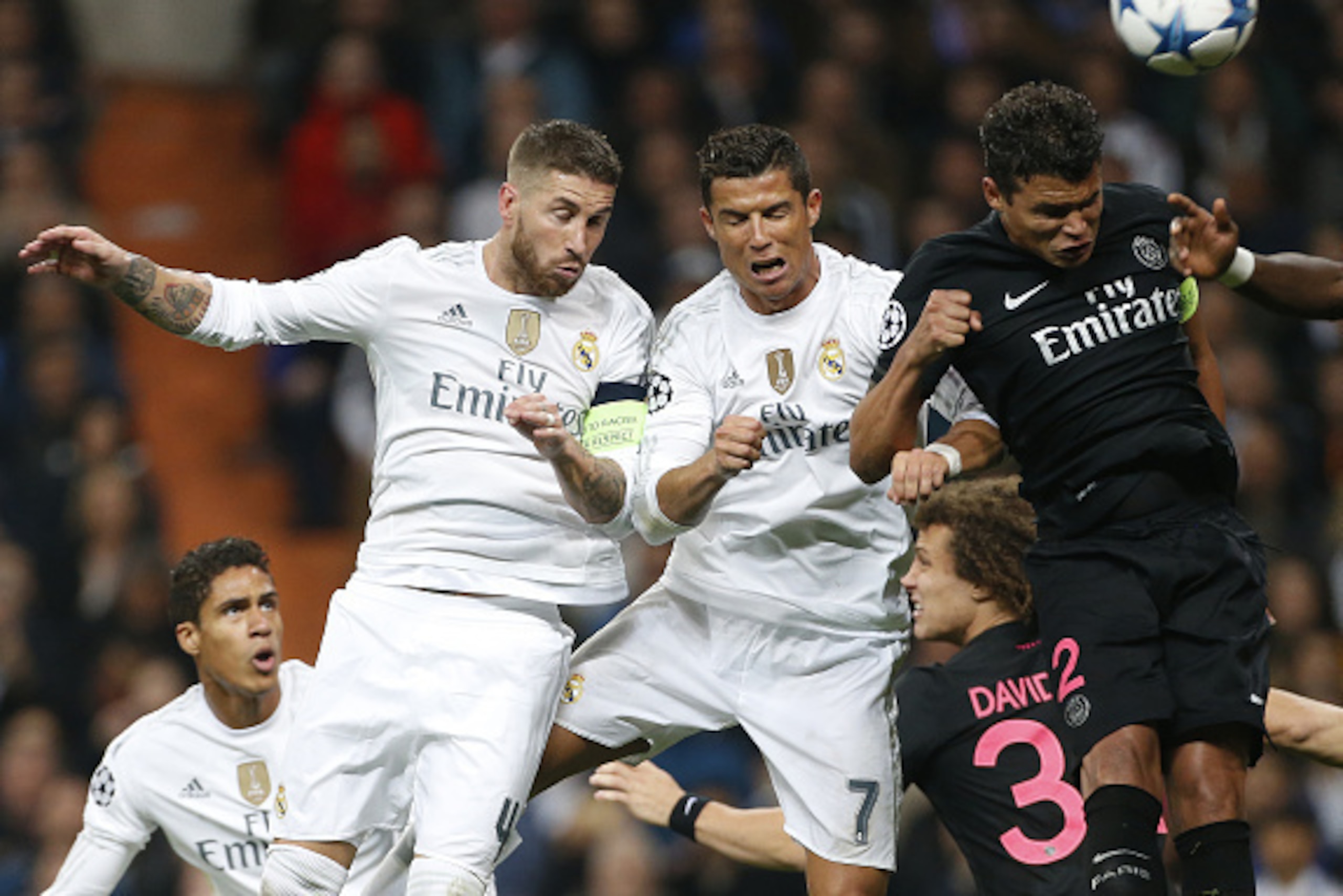 MADRID, SPAIN - NOVEMBER 3: Sergio Ramos, Cristiano Ronaldo of Real Madrid, Thiago Silva of PSG in action during the UEFA Champions League match between Real Madrid and Paris Saint-Germain (PSG) at Santiago Bernabeu stadium on November 3, 2015 in Madrid, 