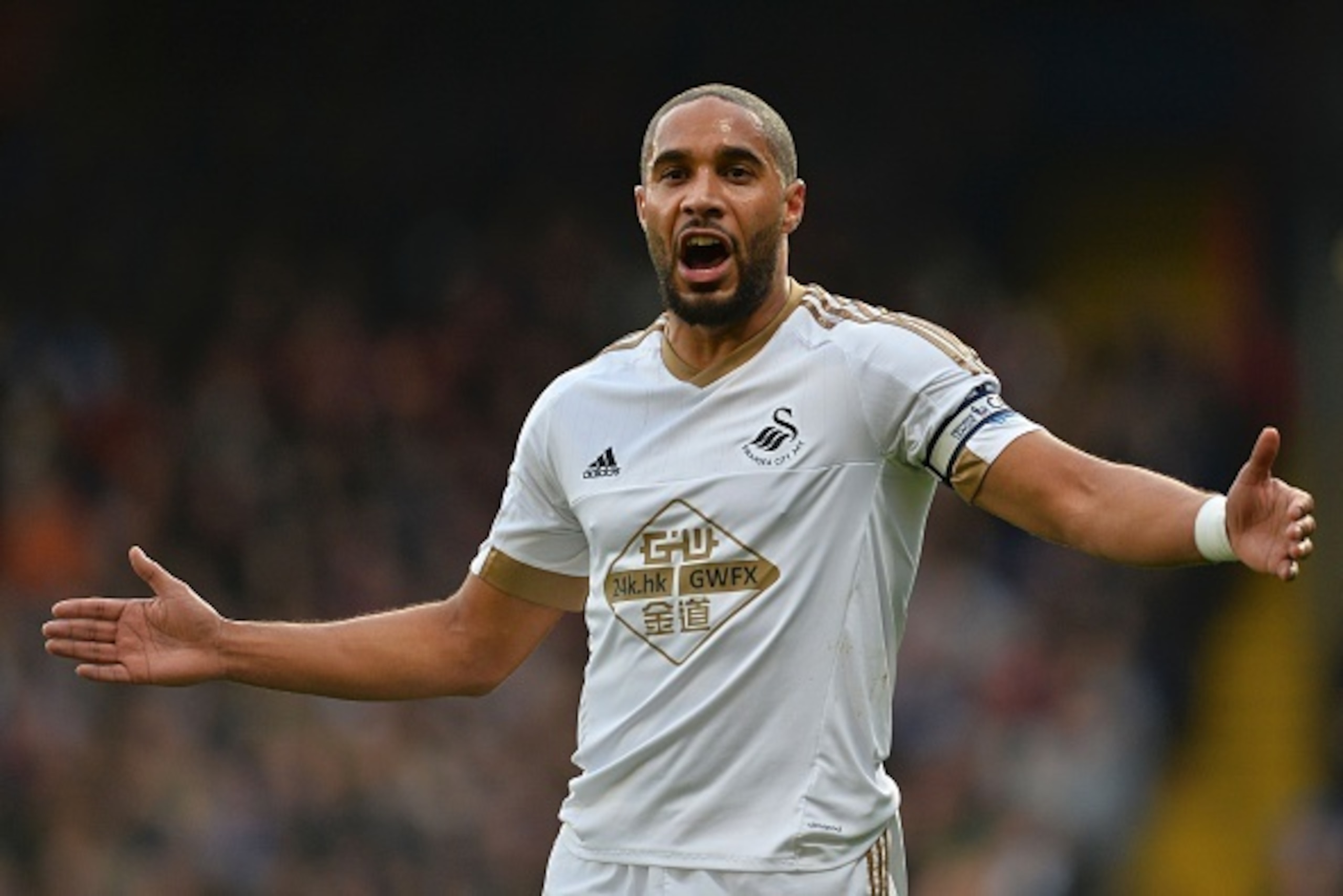 Swansea City's English-born Welsh defender Ashley Williams reacts after a decision from an assistant referee during the English Premier League football match between Crystal Palace and Swansea City at Selhurst Park in south London on December 28, 2015. AF