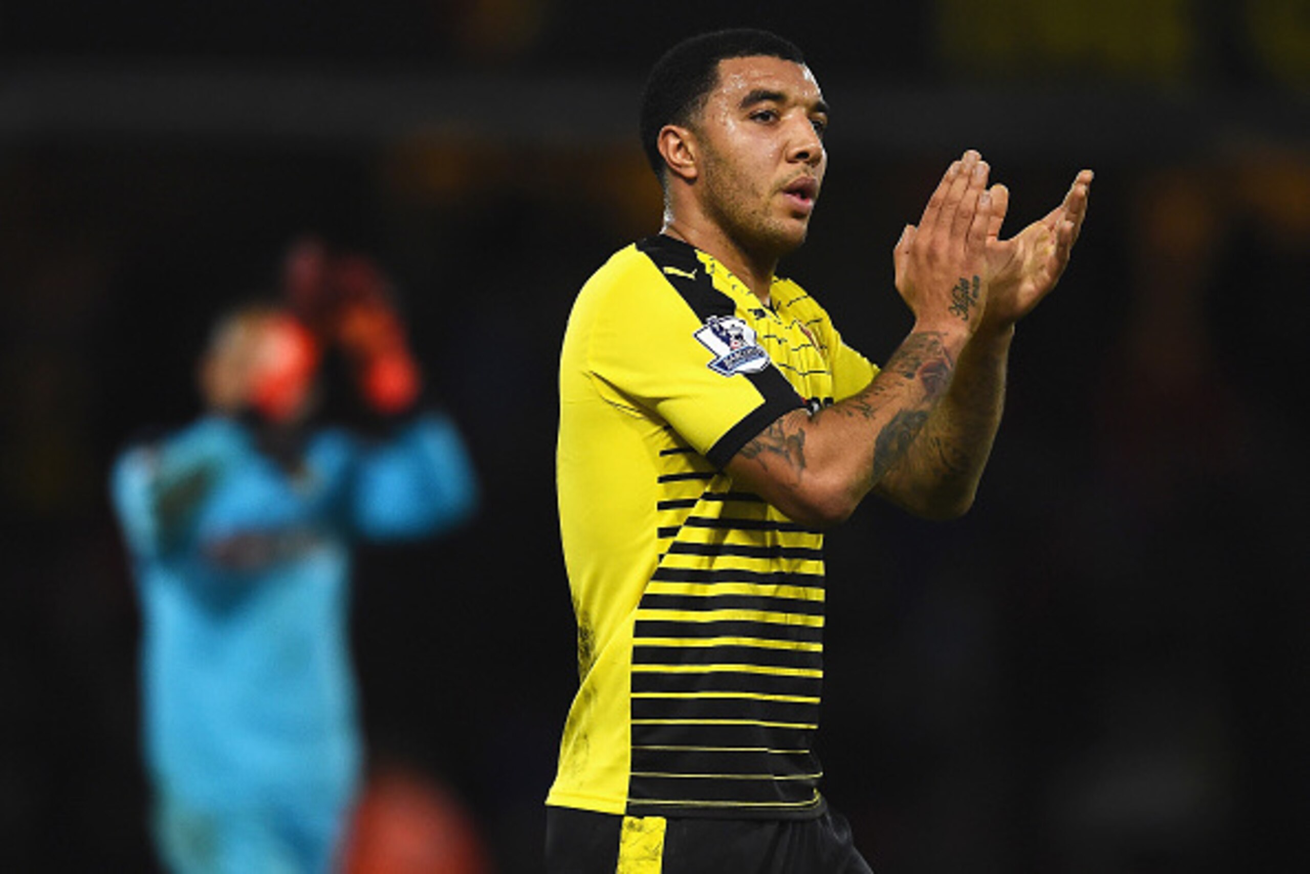 WATFORD, ENGLAND - DECEMBER 28: Troy Deeney of Watford applauds supporters after his team's 1-2 defeat in the Barclays Premier League match between Watford and Tottenham Hotspur at Vicarage Road on December 28, 2015 in Watford, England.  (Photo by Laurenc