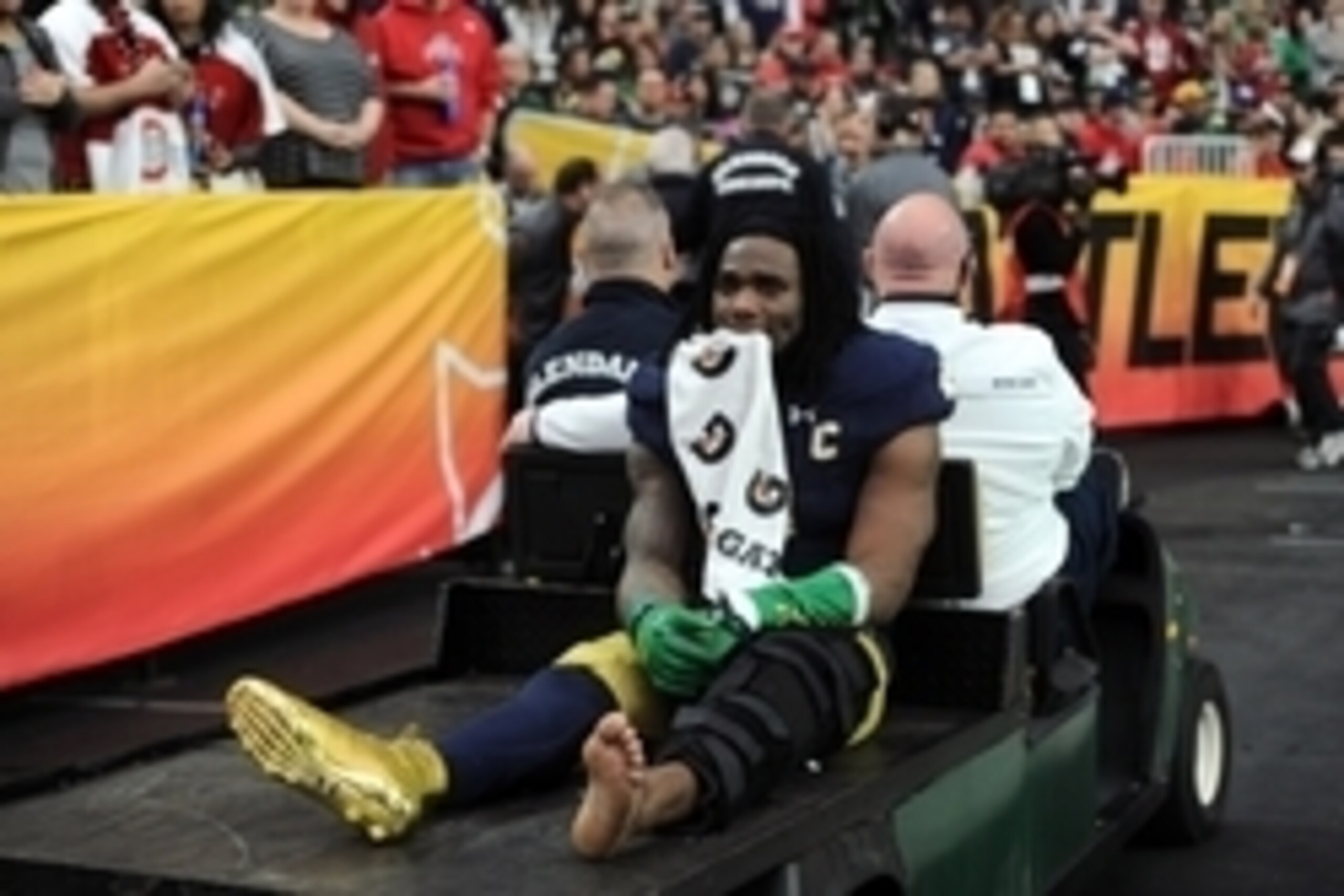 Jan 1, 2016; Glendale, AZ, USA; Notre Dame Fighting Irish linebacker Jaylon Smith (9) is carted off the field after being injured against the Ohio State Buckeyes during the first half of the 2016 Fiesta Bowl at University of Phoenix Stadium. Mandatory Cre